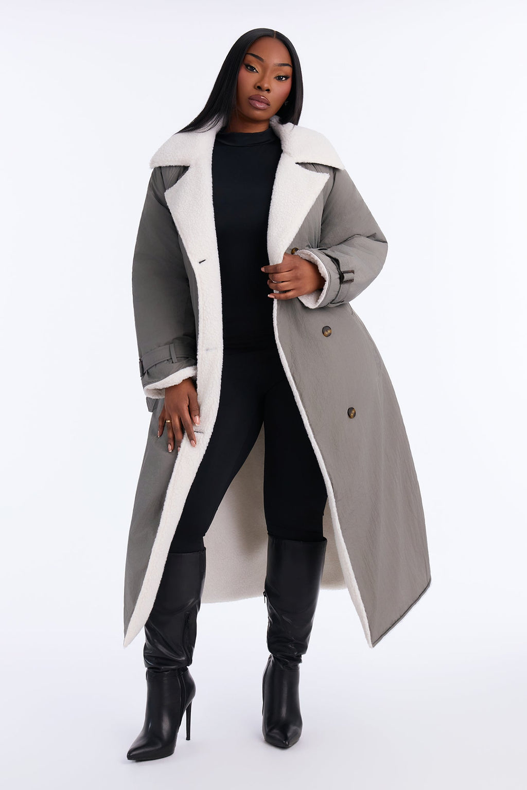 Mountain Escape Belted Sherpa Lined Trench Coat - Charcoal