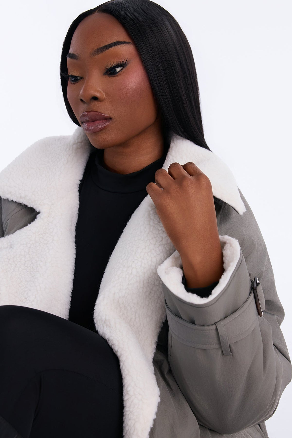 Mountain Escape Belted Sherpa Lined Trench Coat - Charcoal