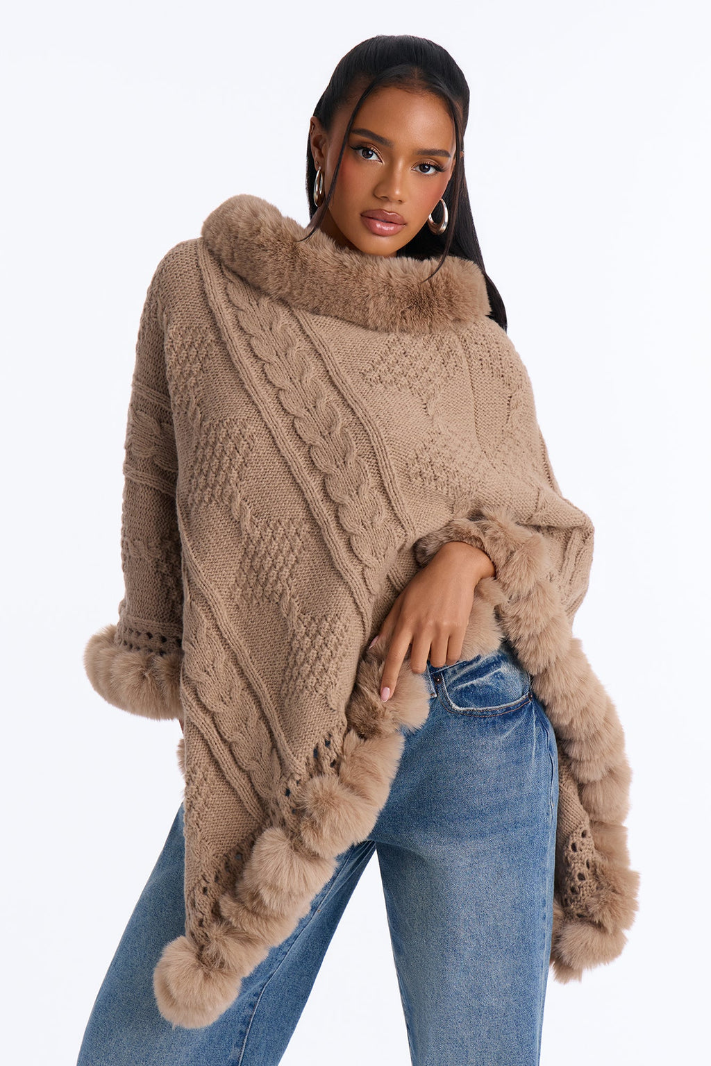 Wrapped Around You Faux Fur Trim Sweater Poncho - Taupe