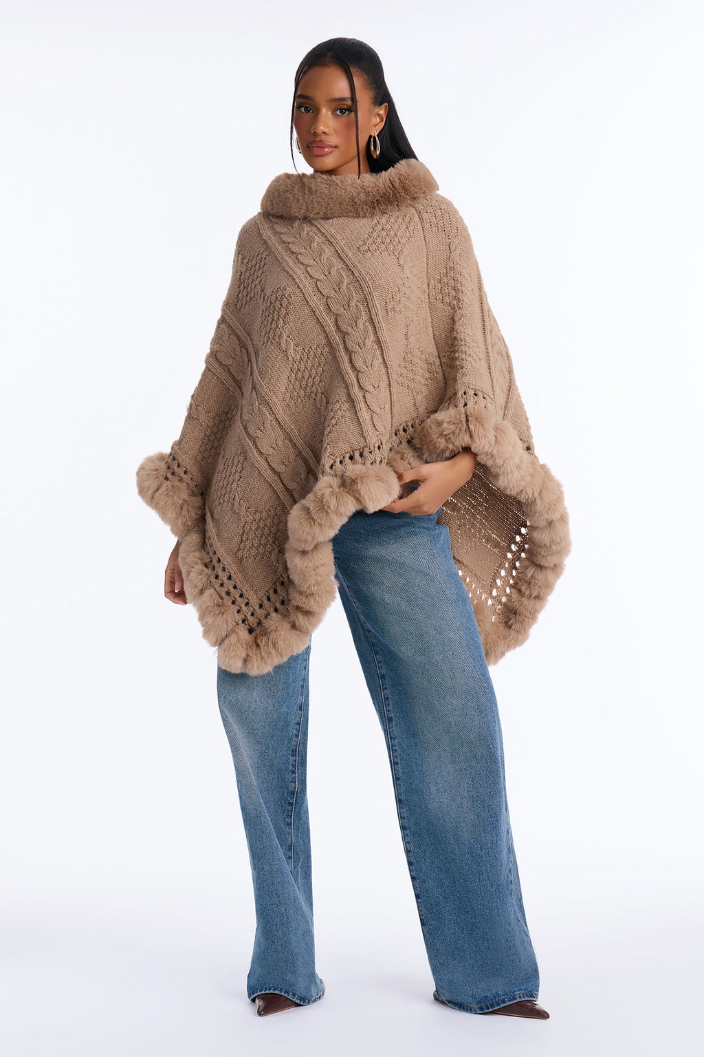 Wrapped Around You Faux Fur Trim Sweater Poncho - Taupe