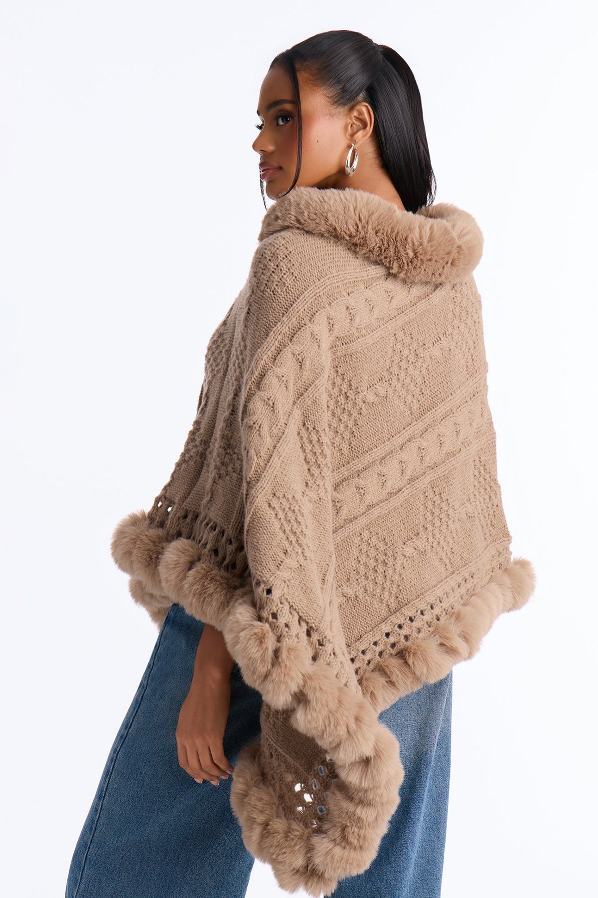 Wrapped Around You Faux Fur Trim Sweater Poncho - Taupe