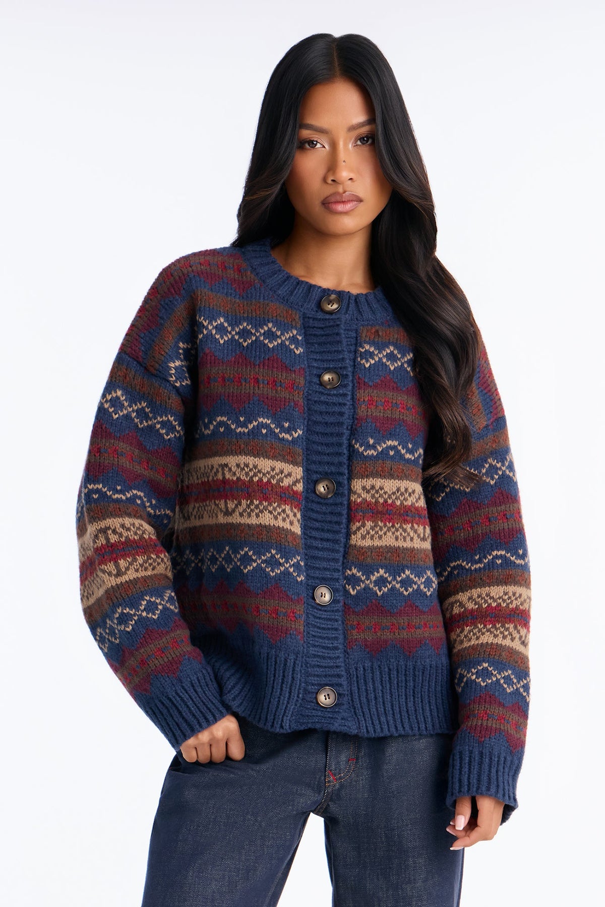 Cinnamon Coffee Fair Isle Cardigan - Navy/combo