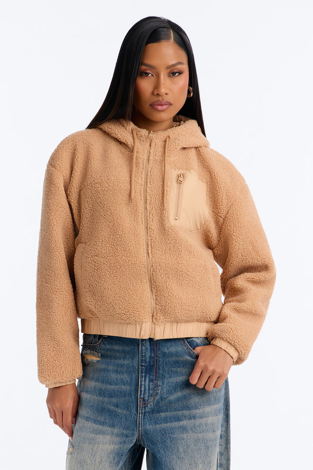 Never Wrong Sherpa Zip Up Hooded Jacket - Taupe