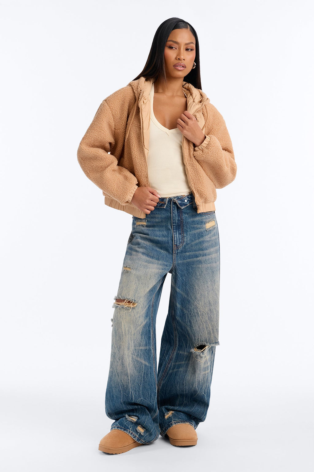 Never Wrong Sherpa Zip Up Hooded Jacket - Taupe