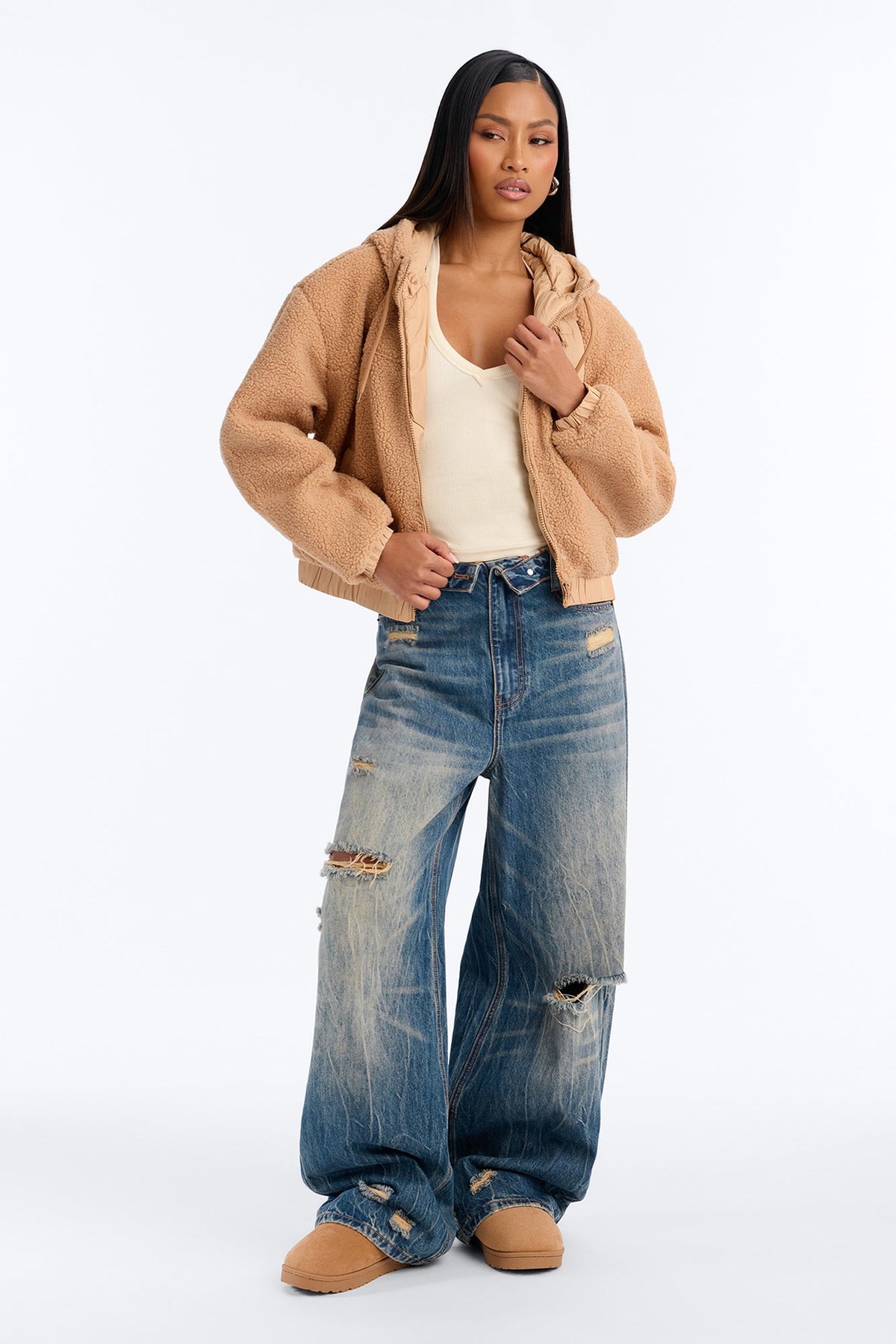 Never Wrong Sherpa Zip Up Hooded Jacket - Taupe