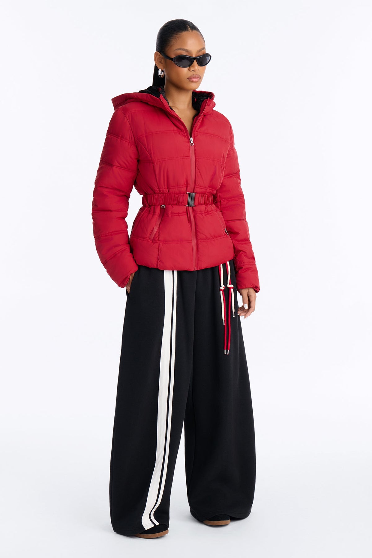 Bundled Up Belted Puffer Coat - Red