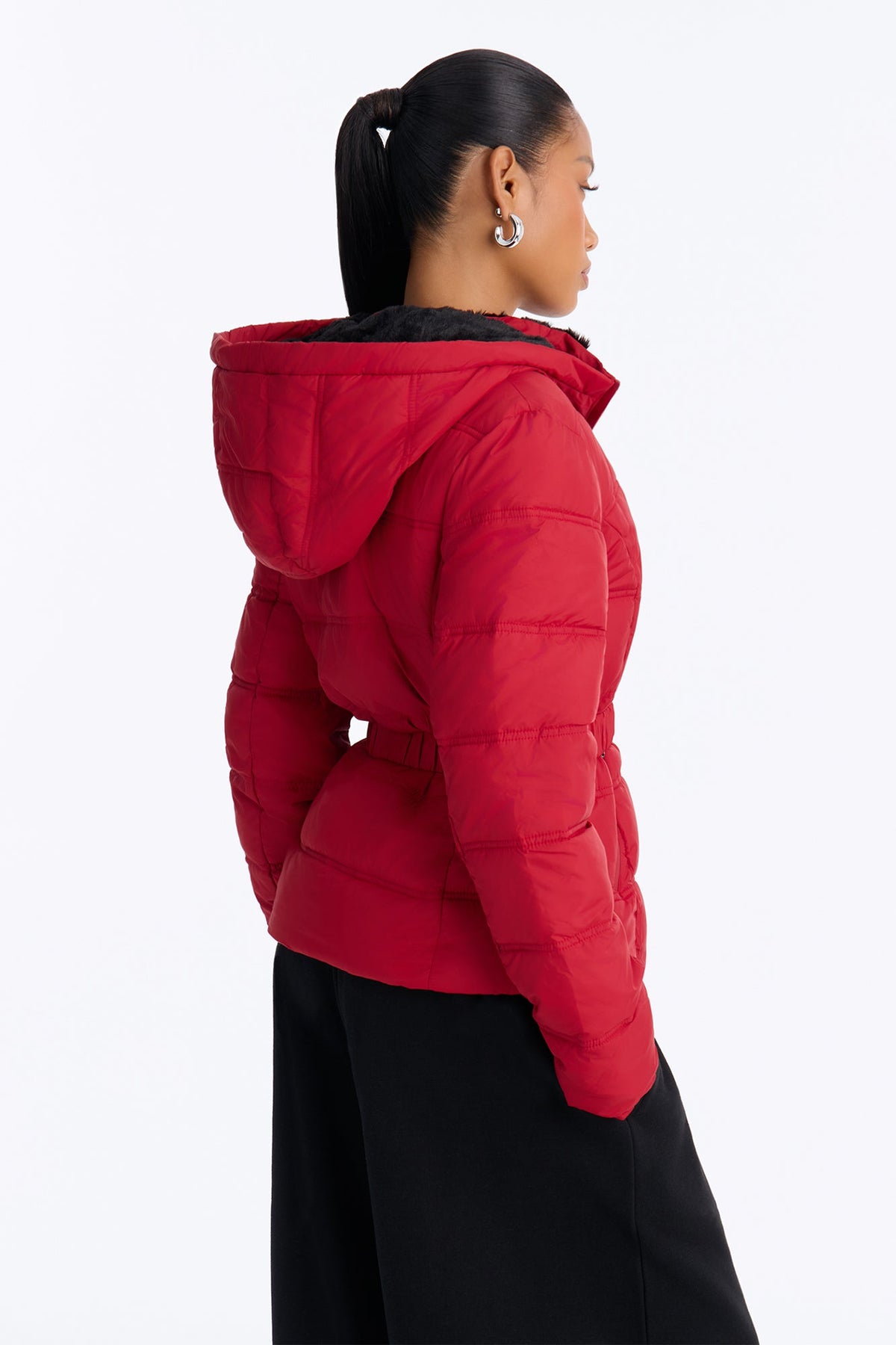 Bundled Up Belted Puffer Coat - Red