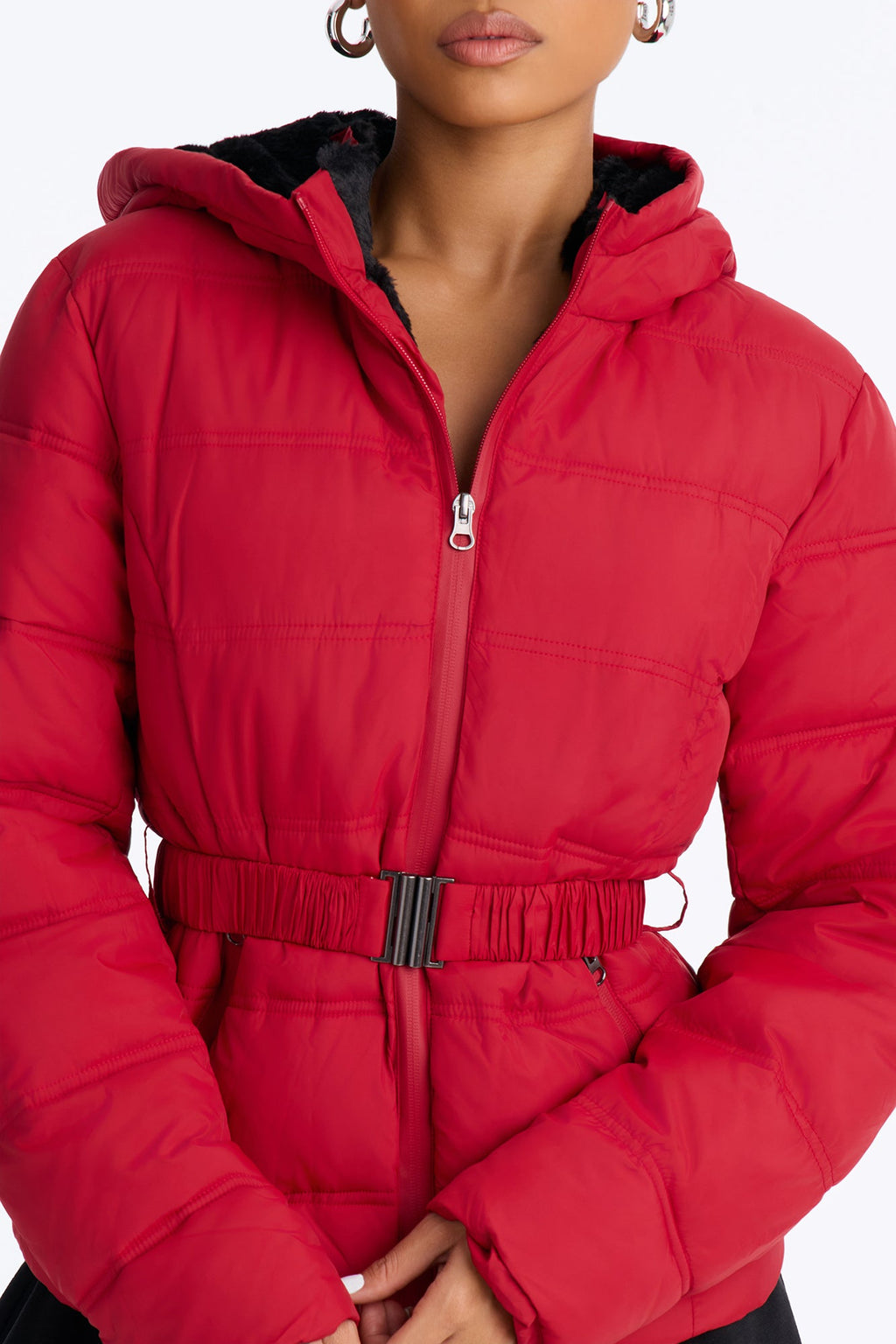 Bundled Up Belted Puffer Coat - Red