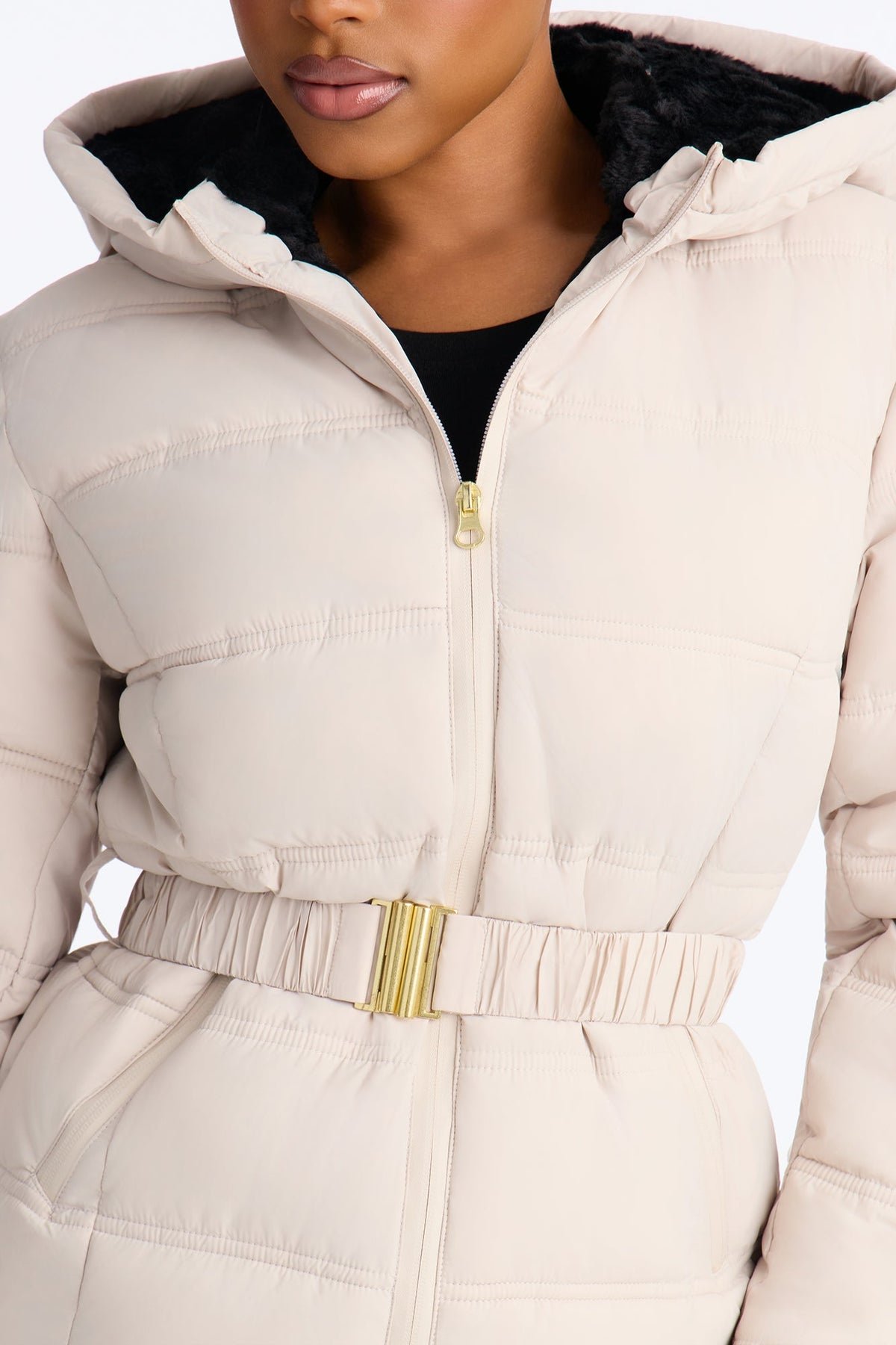 Bundled Up Belted Puffer Coat - Stone