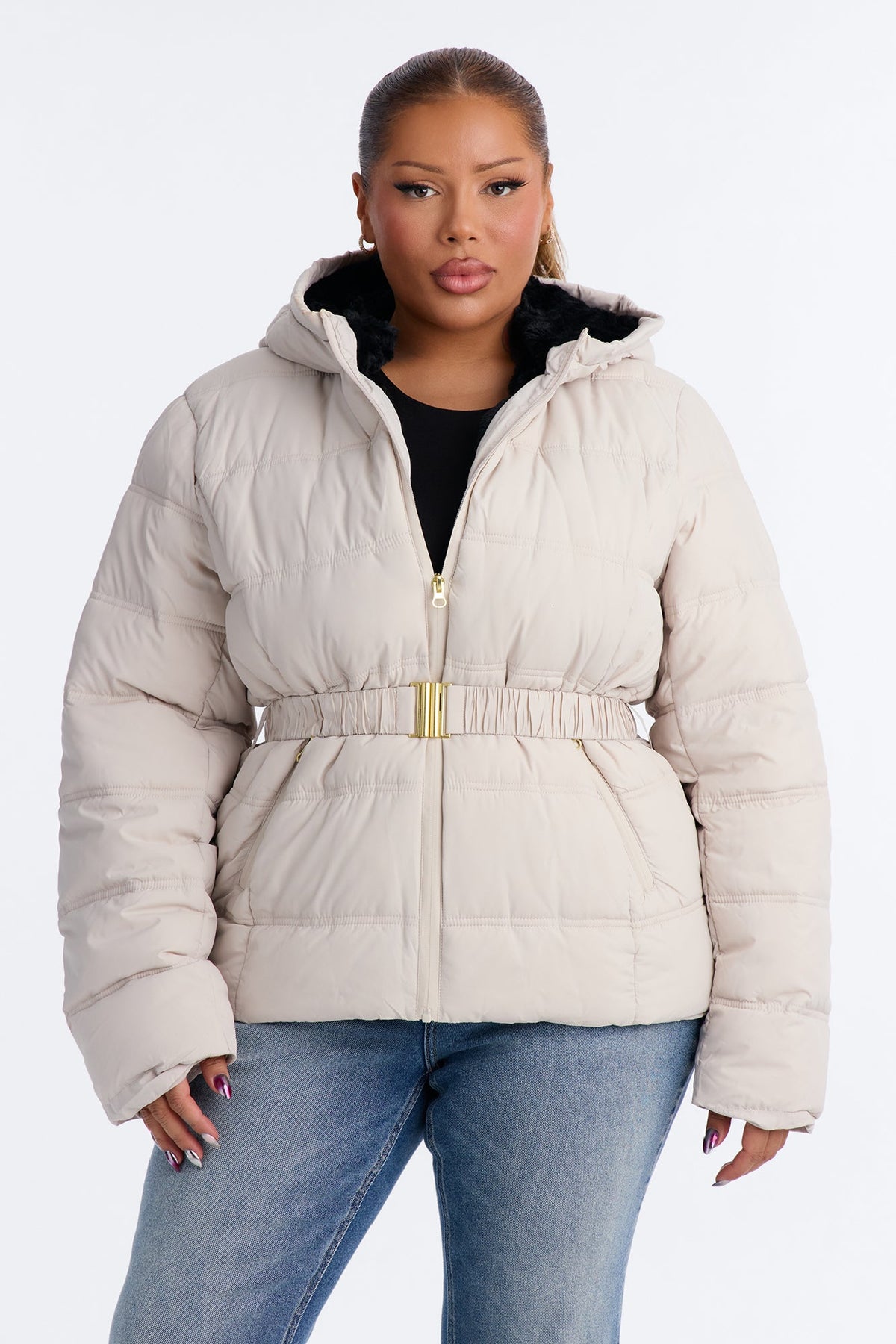 Bundled Up Belted Puffer Coat - Stone