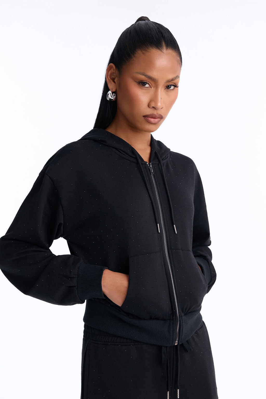 Raeva Fleece Rhinestone Pant Set - Black