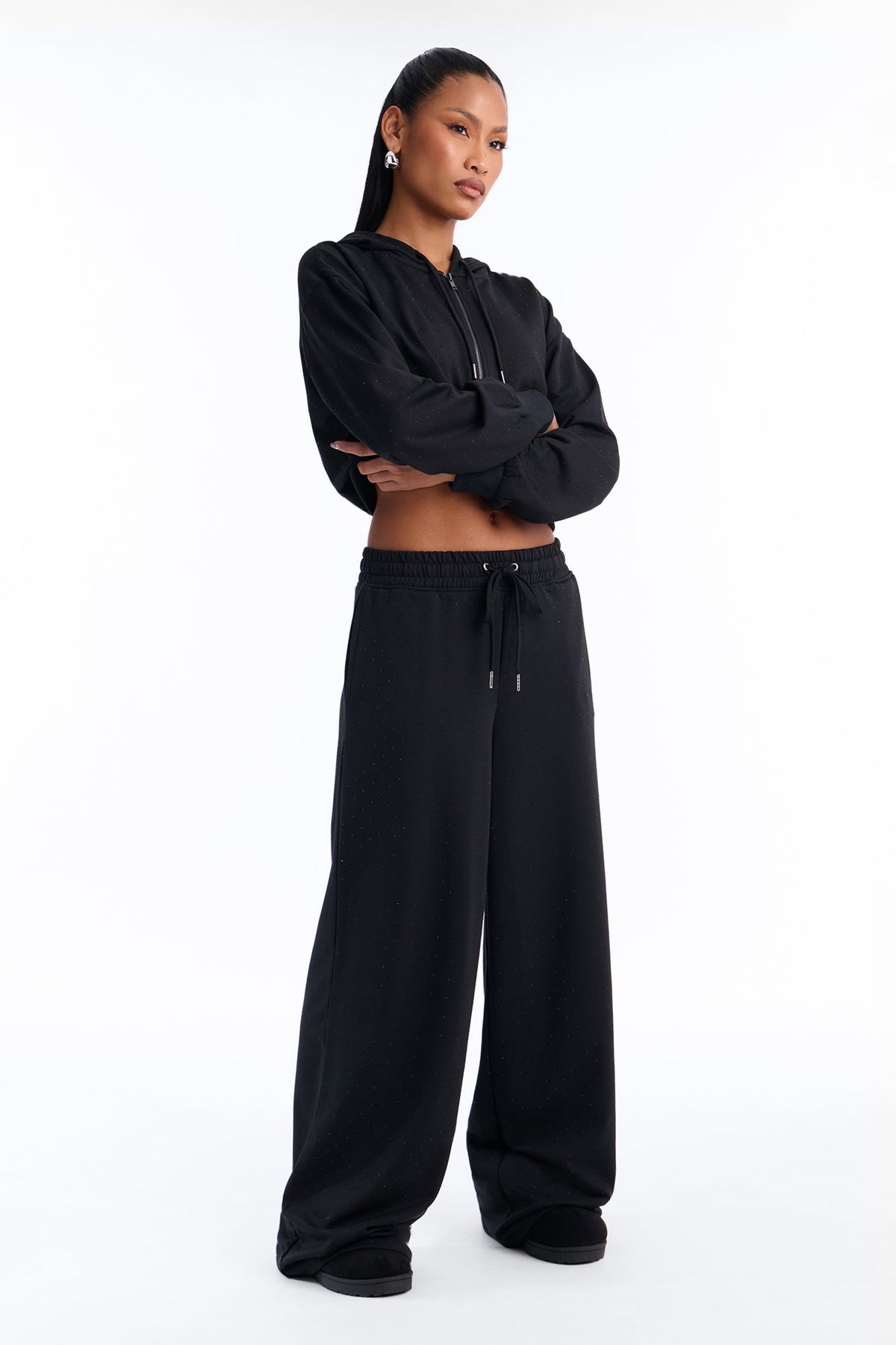 Raeva Fleece Rhinestone Pant Set - Black