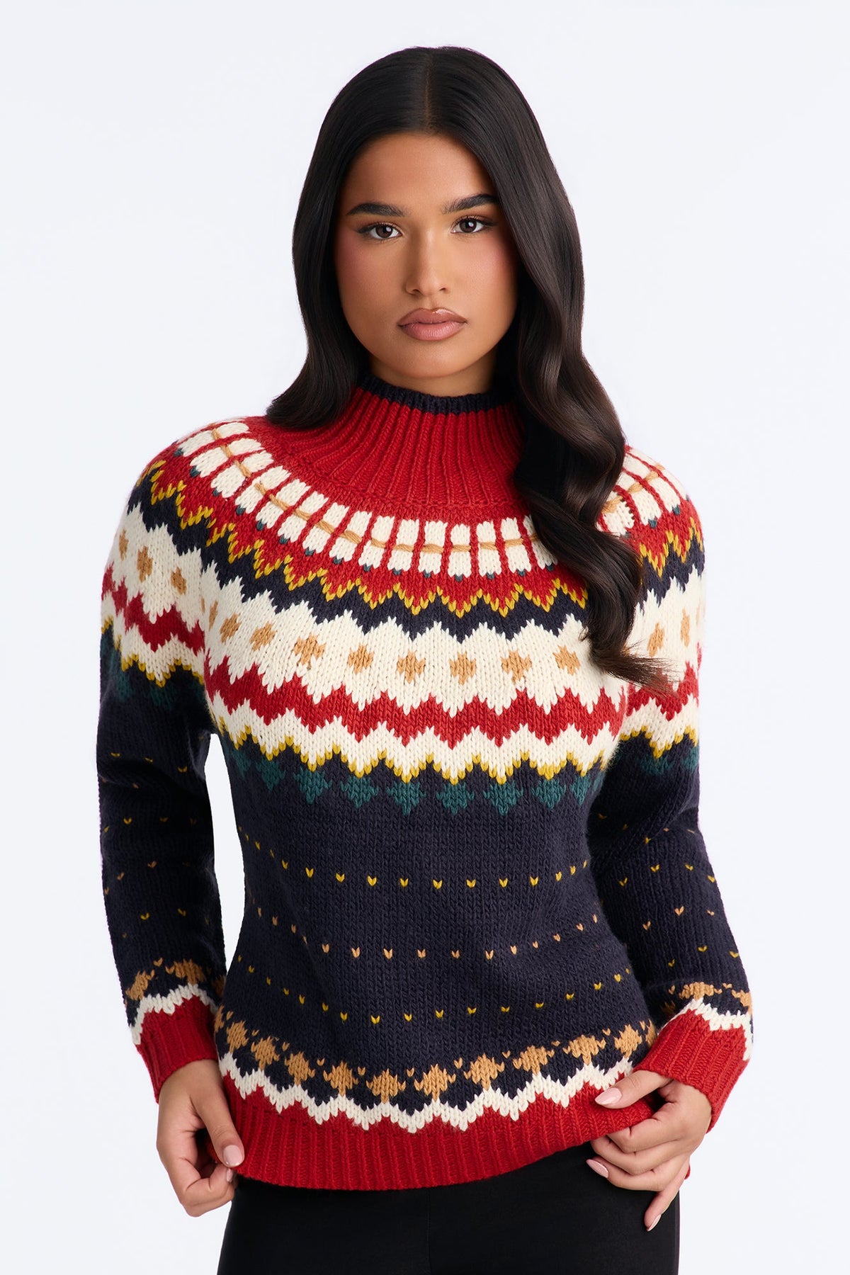 Keeping Warm Fair Isle Pullover Sweater - Navy/combo