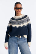 Harvest Leaves Fair Isle Pullover Sweater - Navy/combo