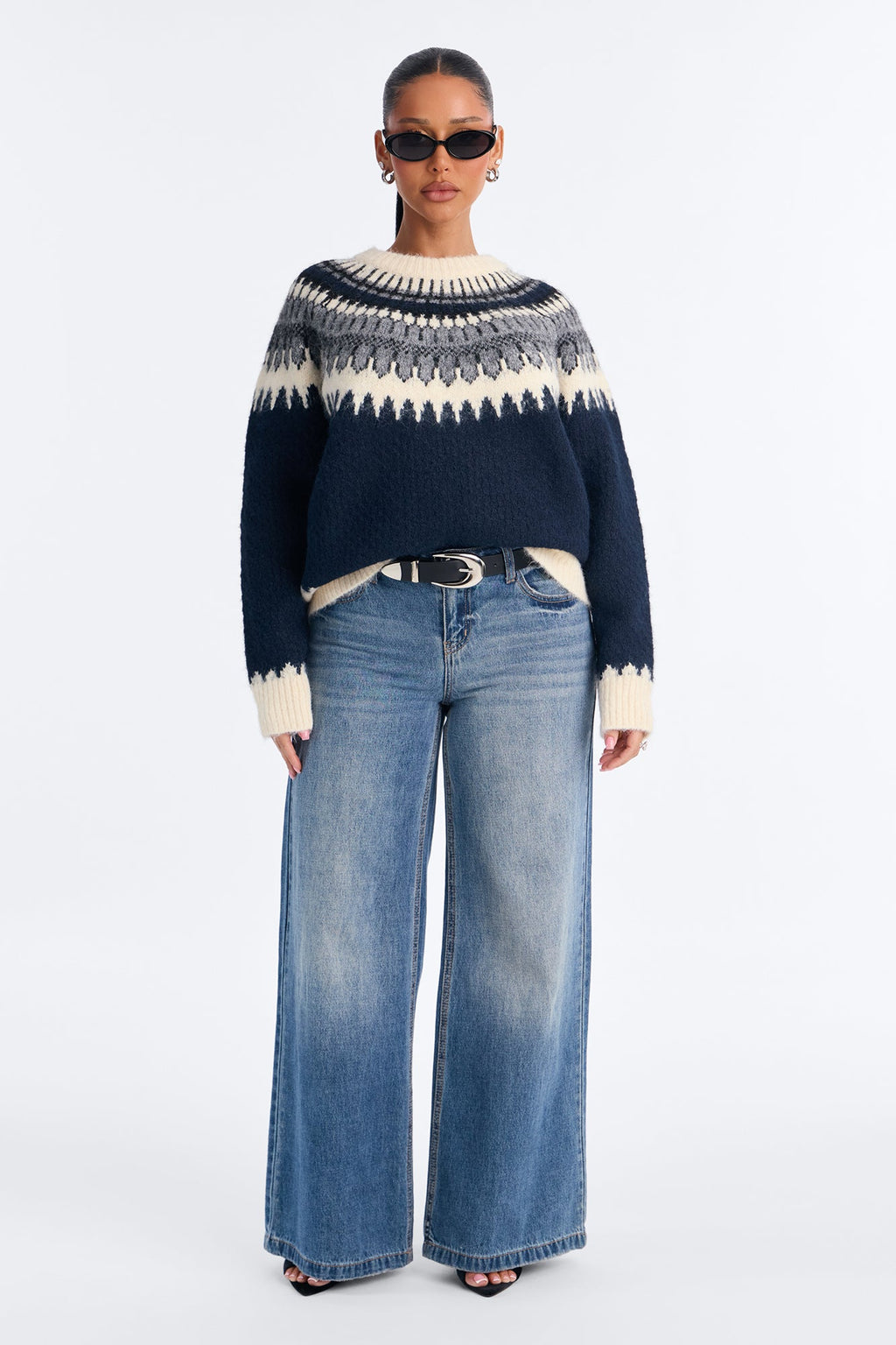 Harvest Leaves Fair Isle Pullover Sweater - Navy/combo
