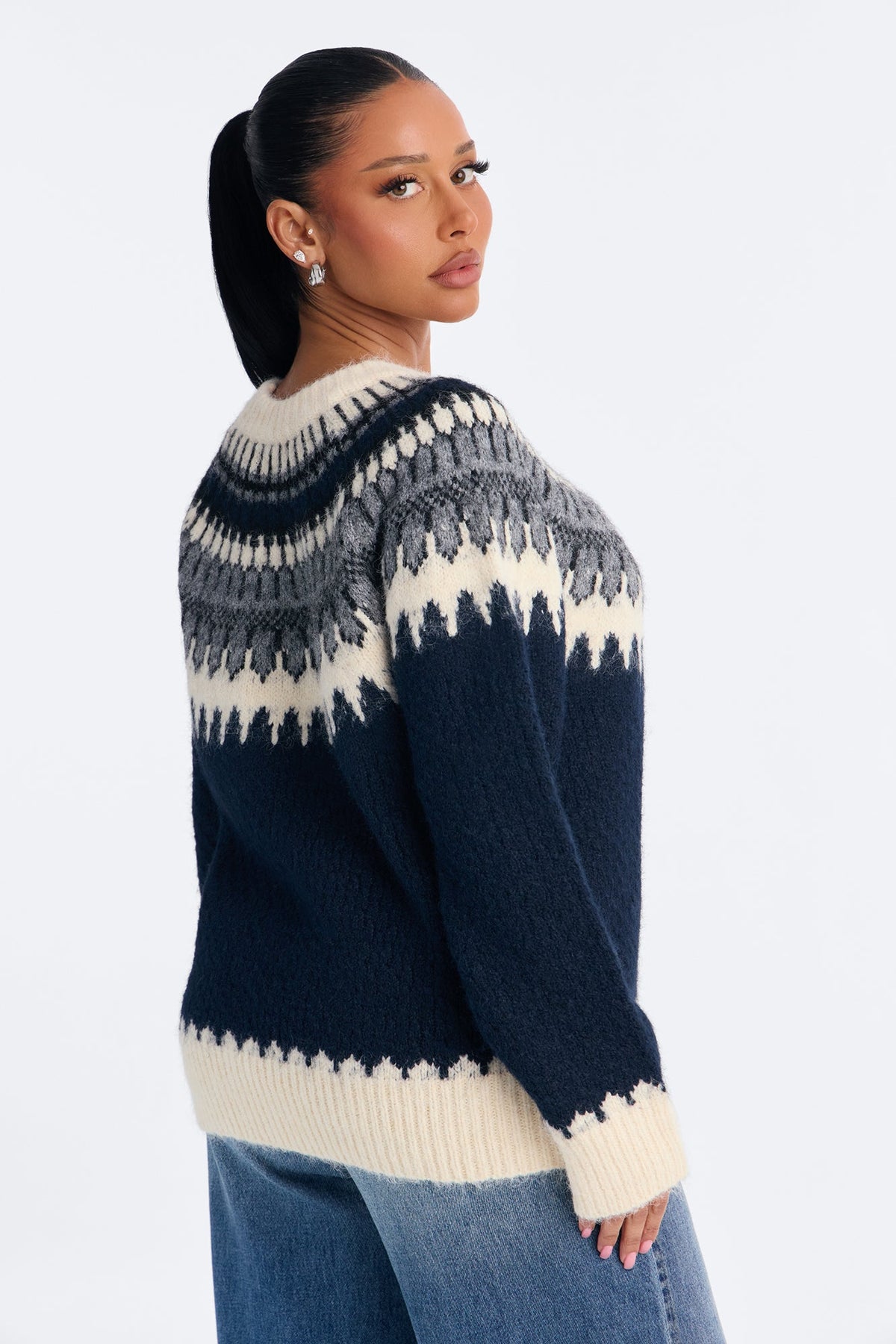 Harvest Leaves Fair Isle Pullover Sweater - Navy/combo