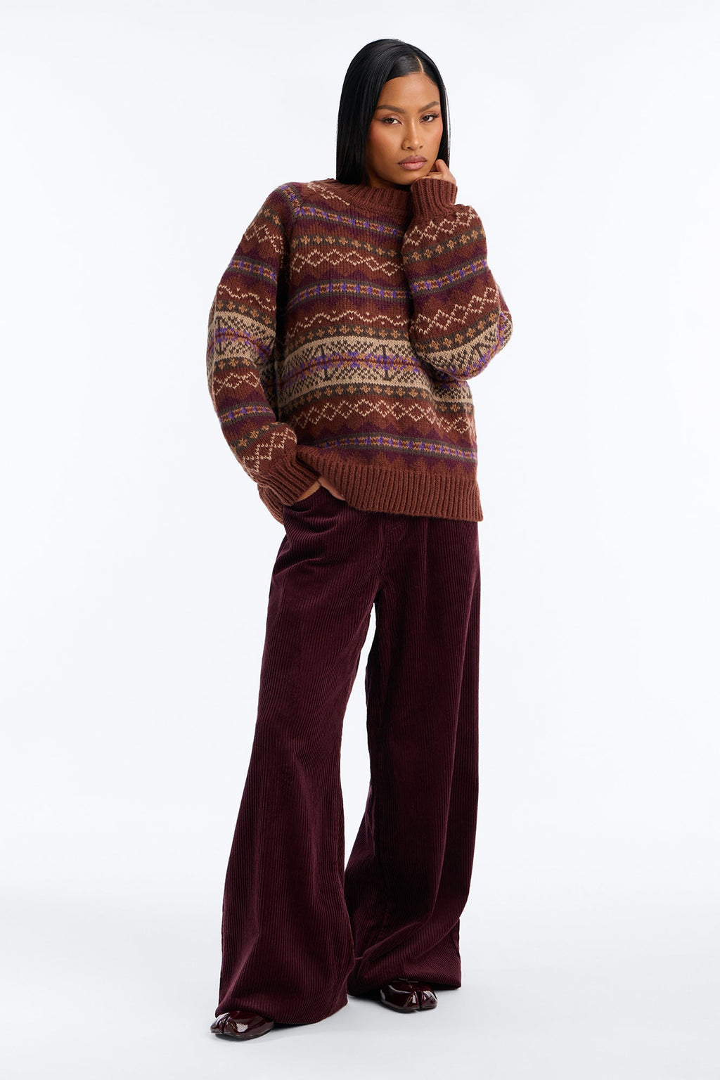 Makayla Oversized Fair Isle Sweater - Brown/combo