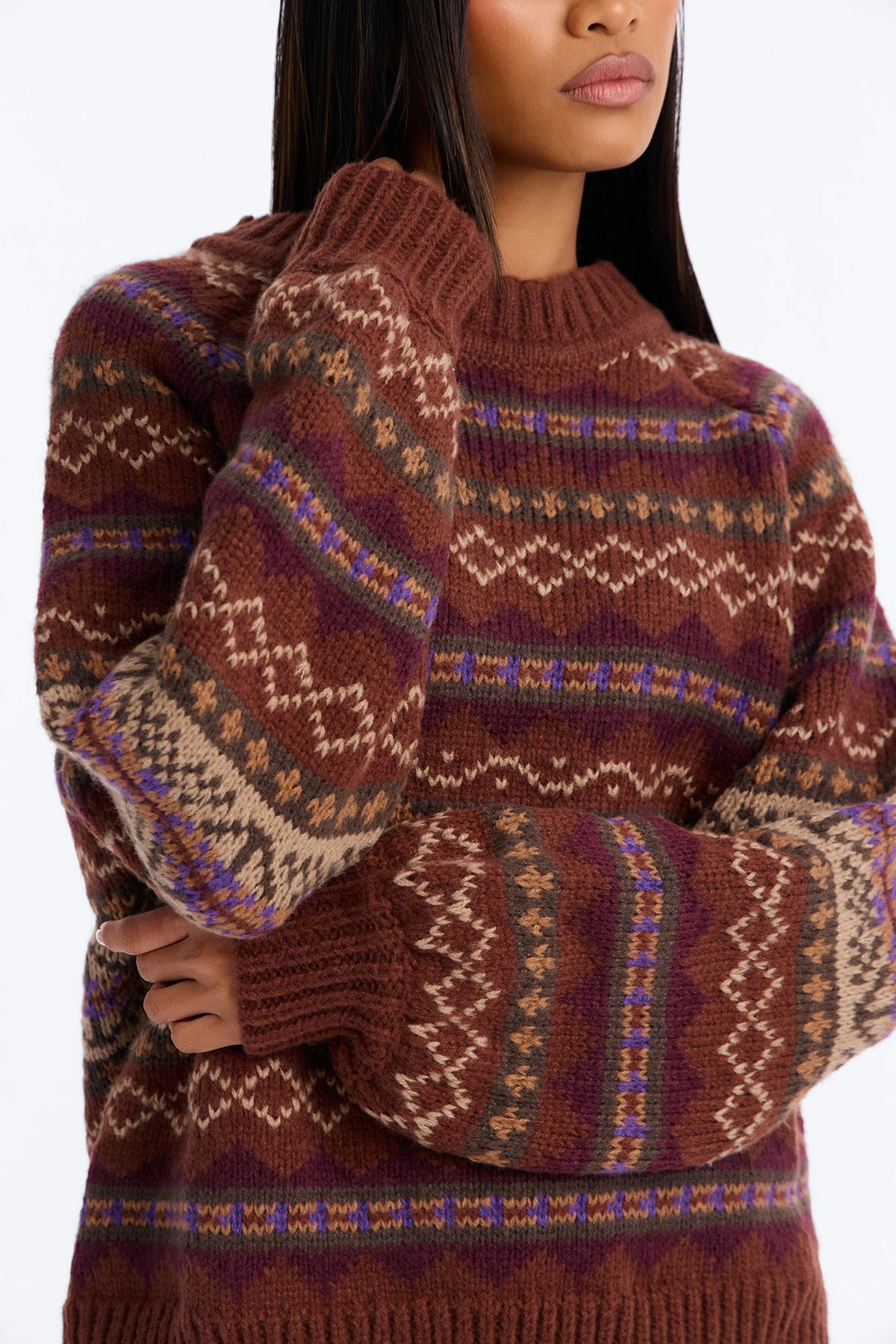 Makayla Oversized Fair Isle Sweater - Brown/combo