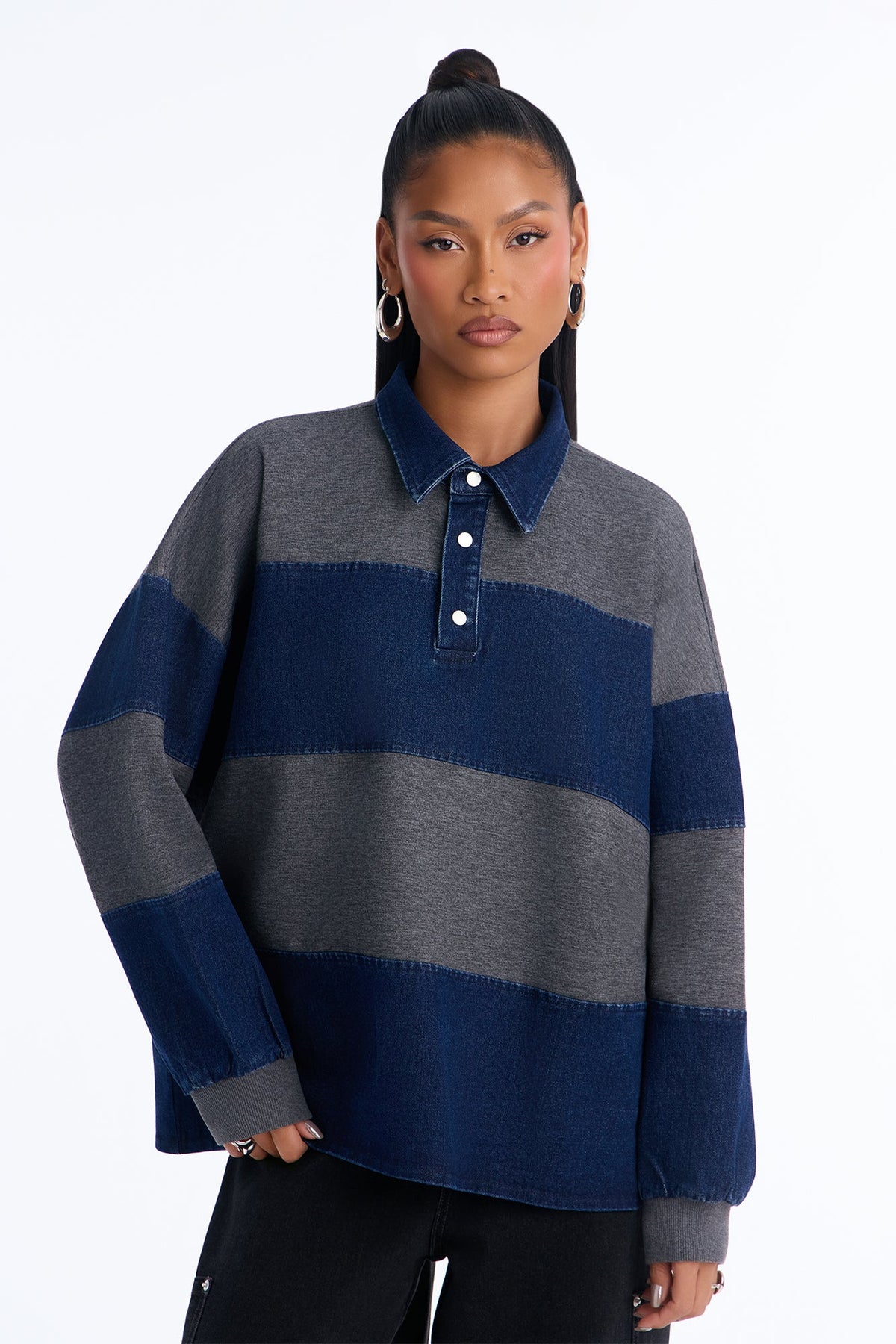 Fireside Glow Striped Denim Pullover Sweater - Grey/combo