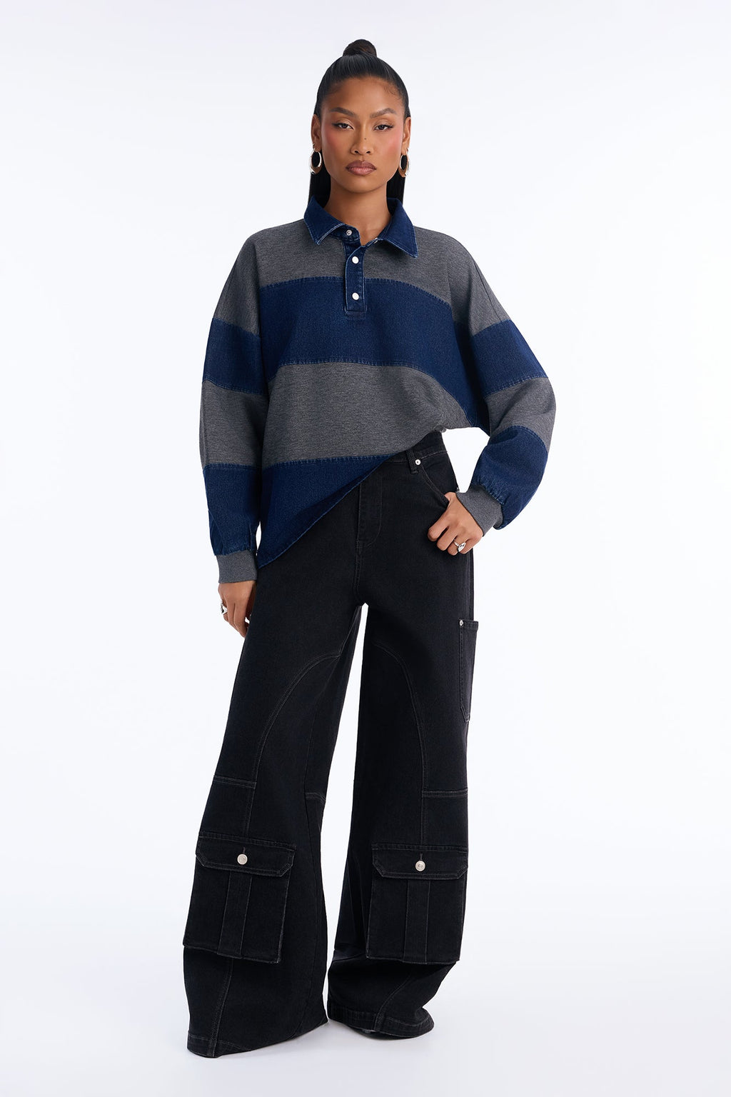 Fireside Glow Striped Denim Pullover Sweater - Grey/combo