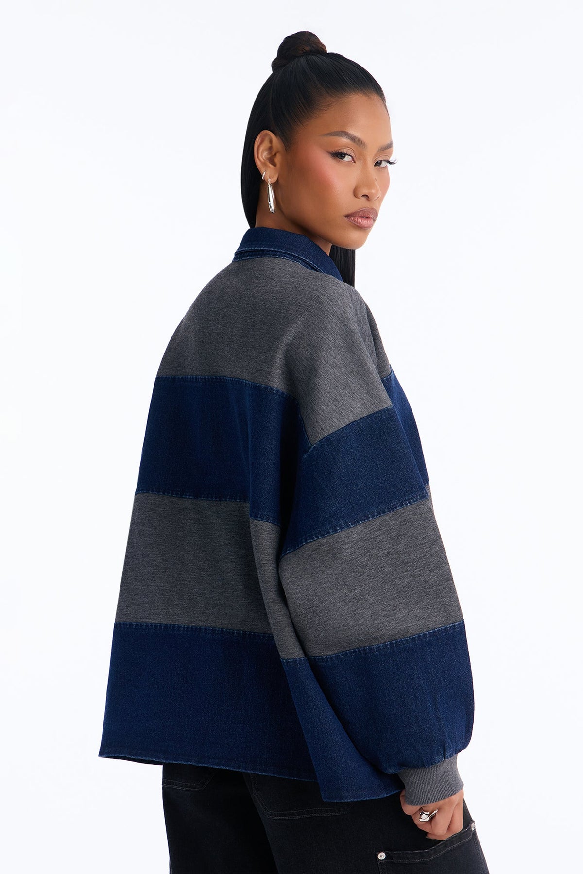 Fireside Glow Striped Denim Pullover Sweater - Grey/combo