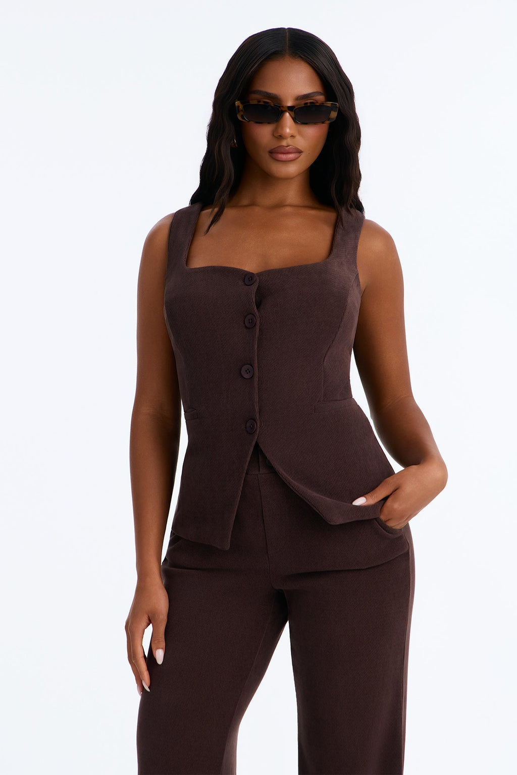 Cyndi Velvet Sleeveless Pant Set - Brown