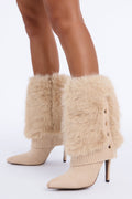 New Obsession Fur Overlay Heeled Boots - Beige