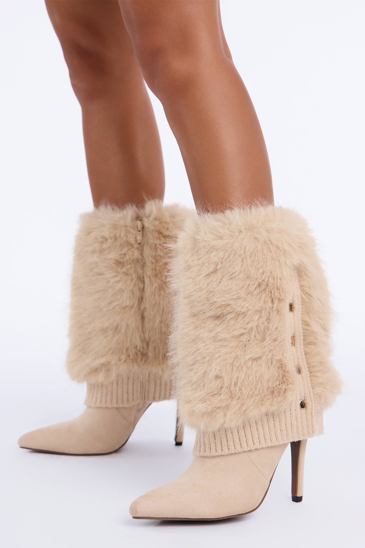 New Obsession Fur Overlay Heeled Boots - Beige