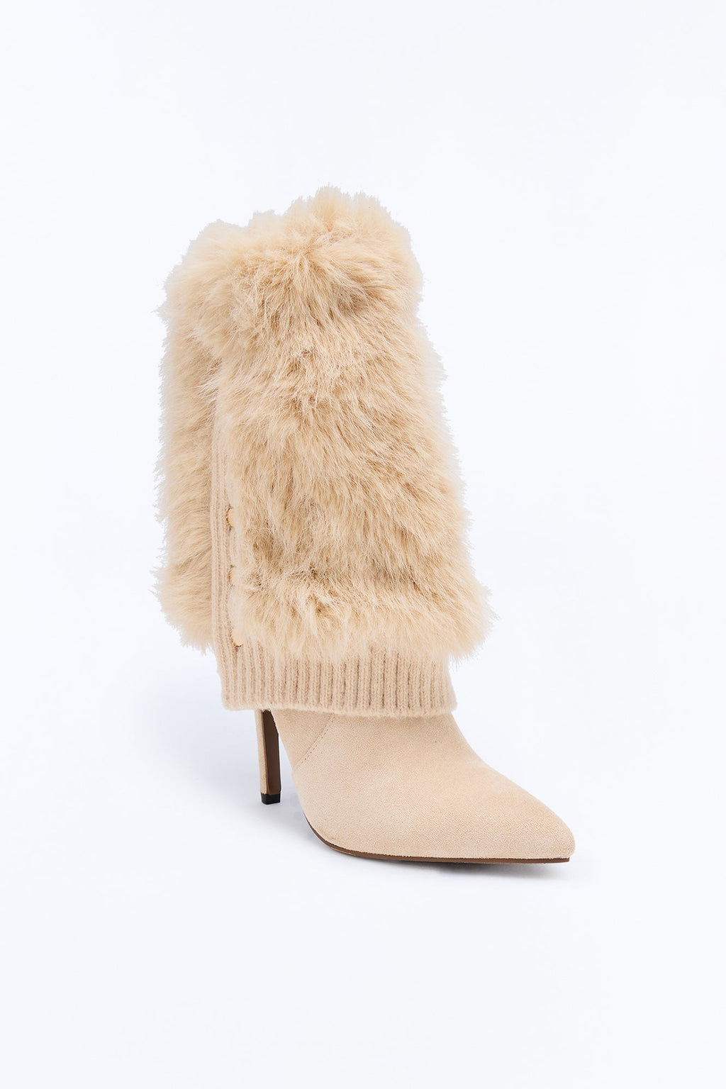 New Obsession Fur Overlay Heeled Boots - Beige