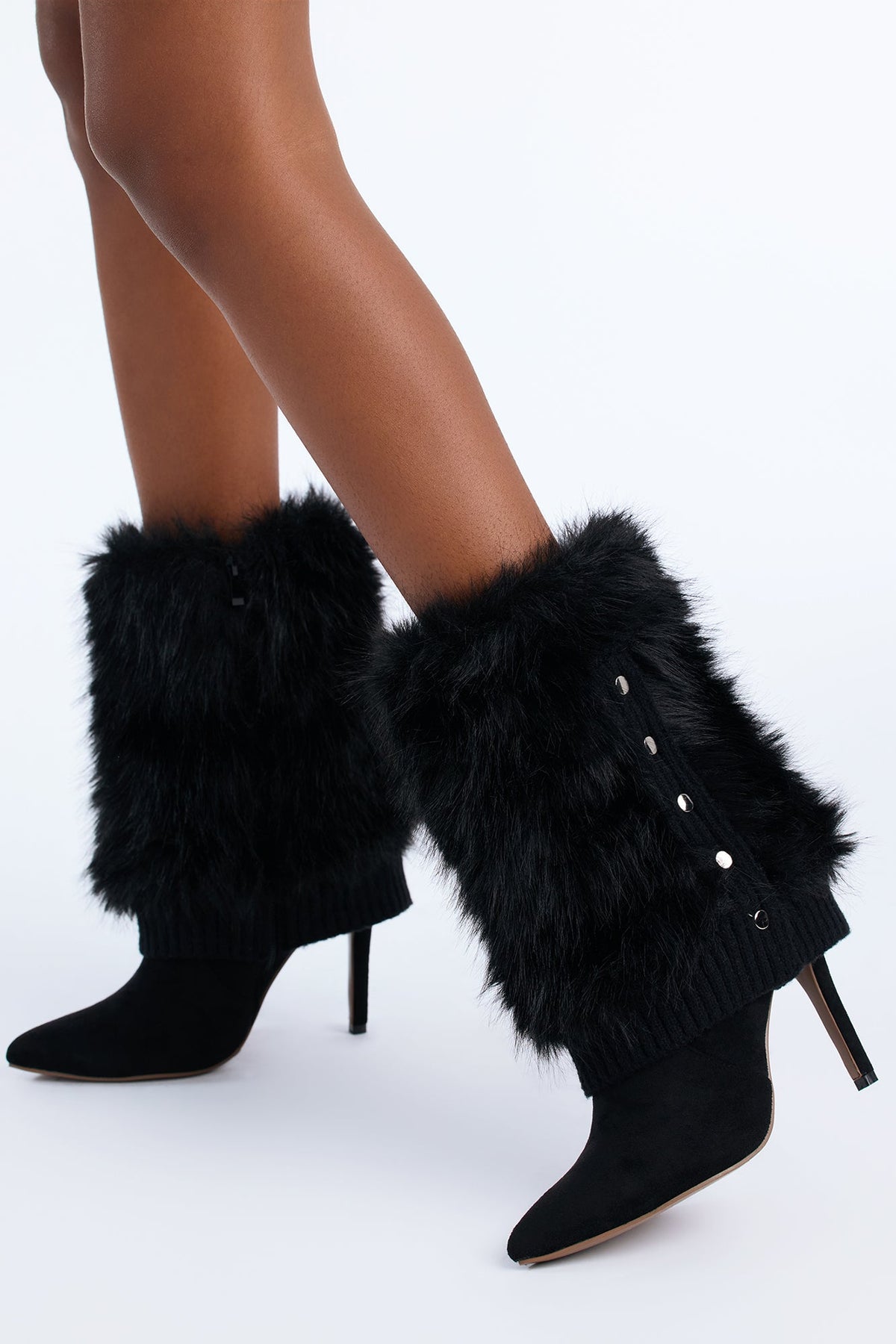 New Obsession Fur Overlay Heeled Boots - Black