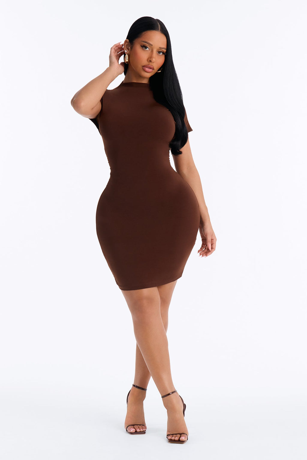 Alba Short Sleeve Ruched Mini Dress - Chocolate