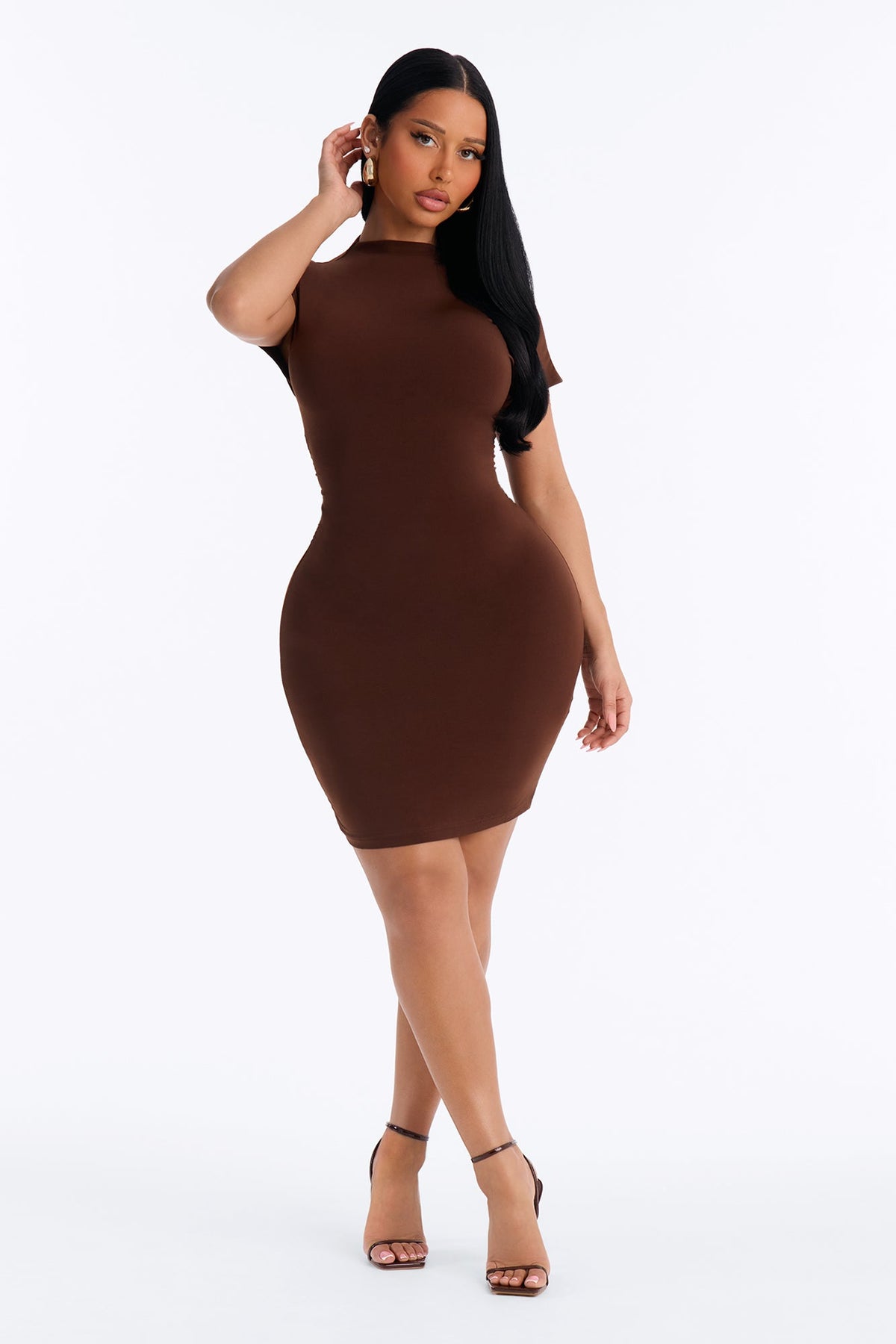Alba Short Sleeve Ruched Mini Dress - Chocolate