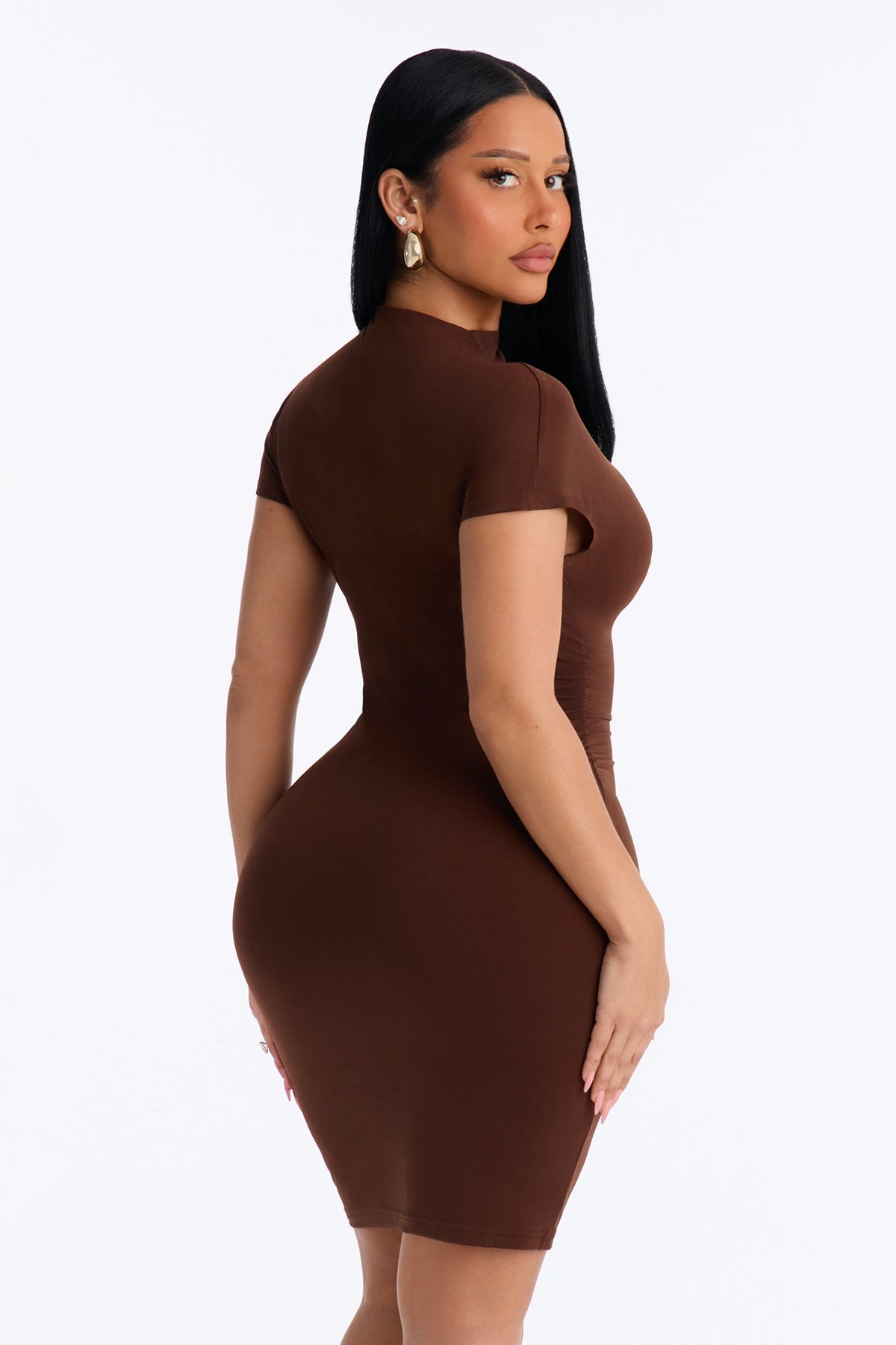 Alba Short Sleeve Ruched Mini Dress - Chocolate