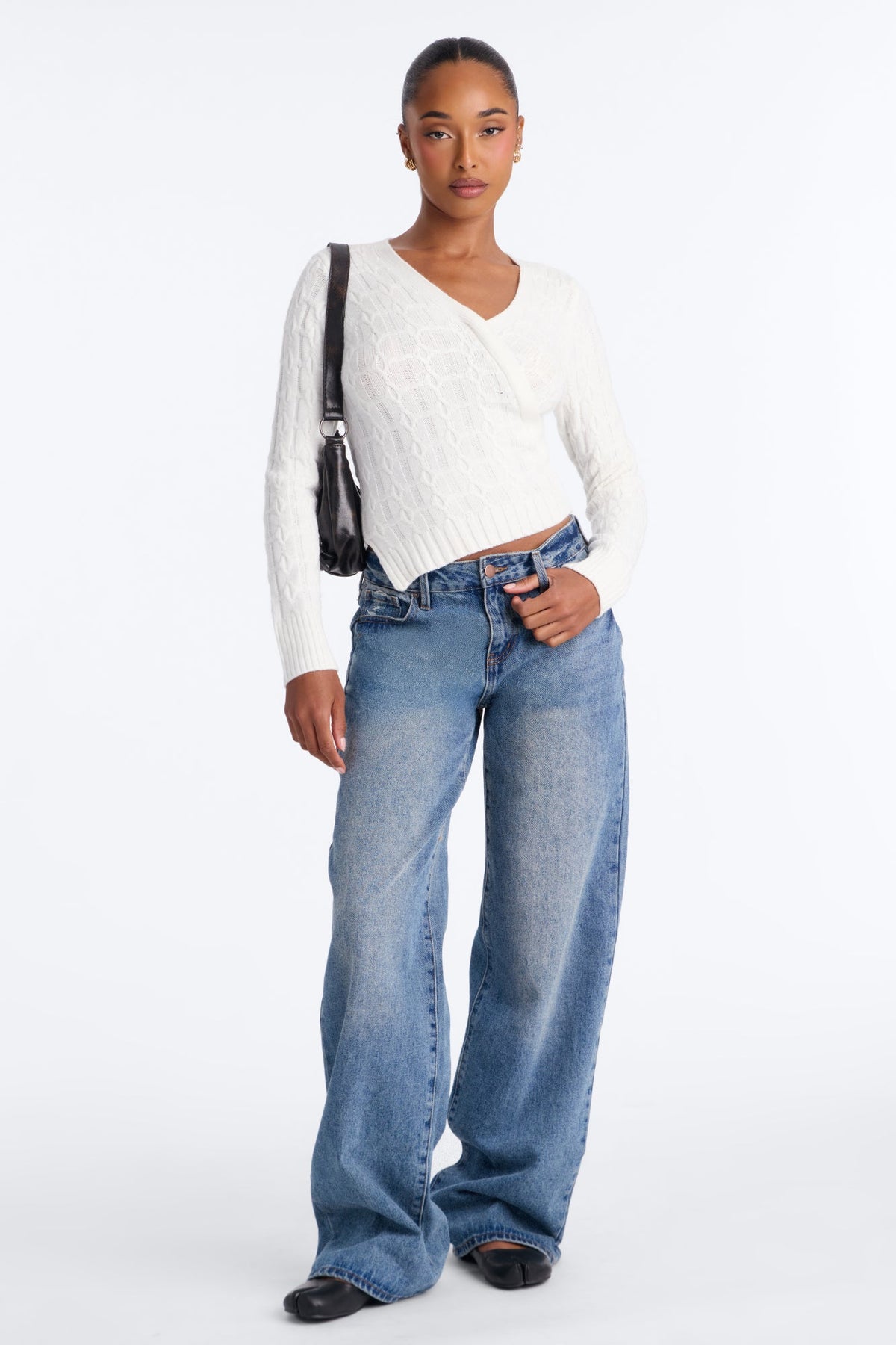 Kennedy Cable Knit Surplice Pullover Sweater - Ivory