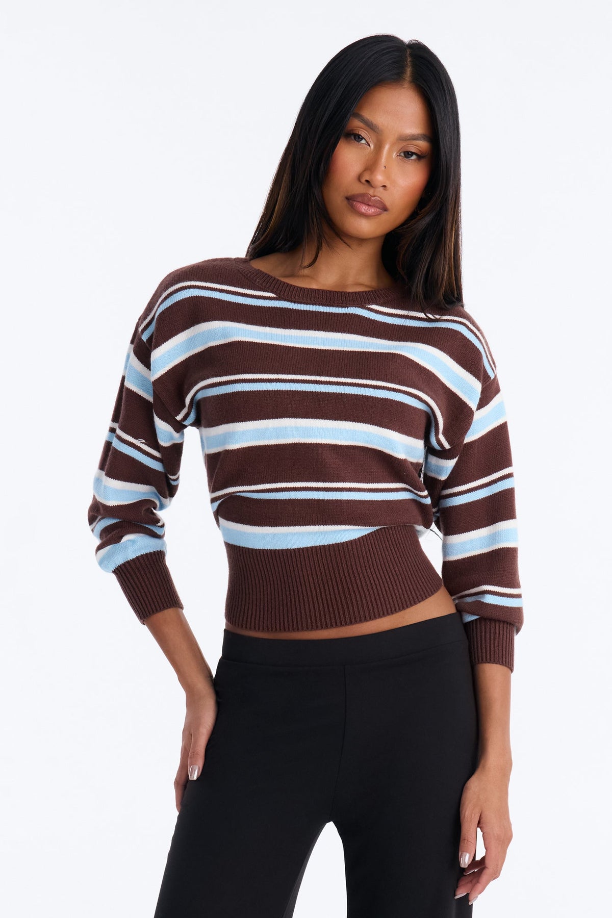 Elena Striped Long Sleeve Sweater - Brown/combo