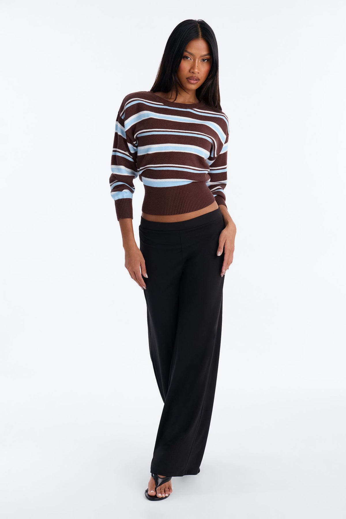Elena Striped Long Sleeve Sweater - Brown/combo