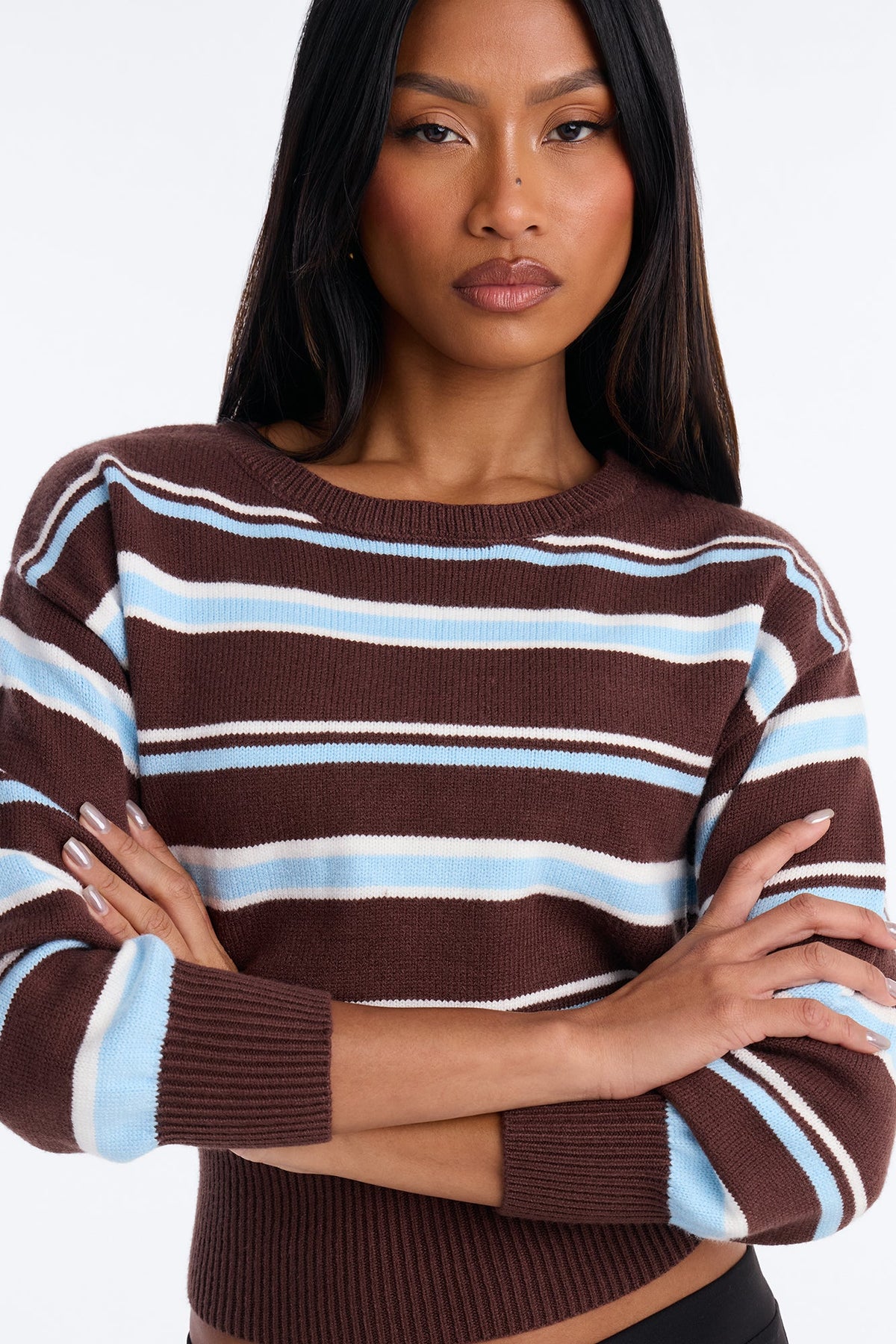Elena Striped Long Sleeve Sweater - Brown/combo