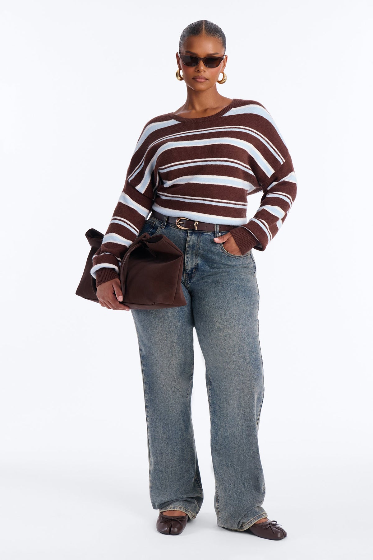 Elena Striped Long Sleeve Sweater - Brown/combo