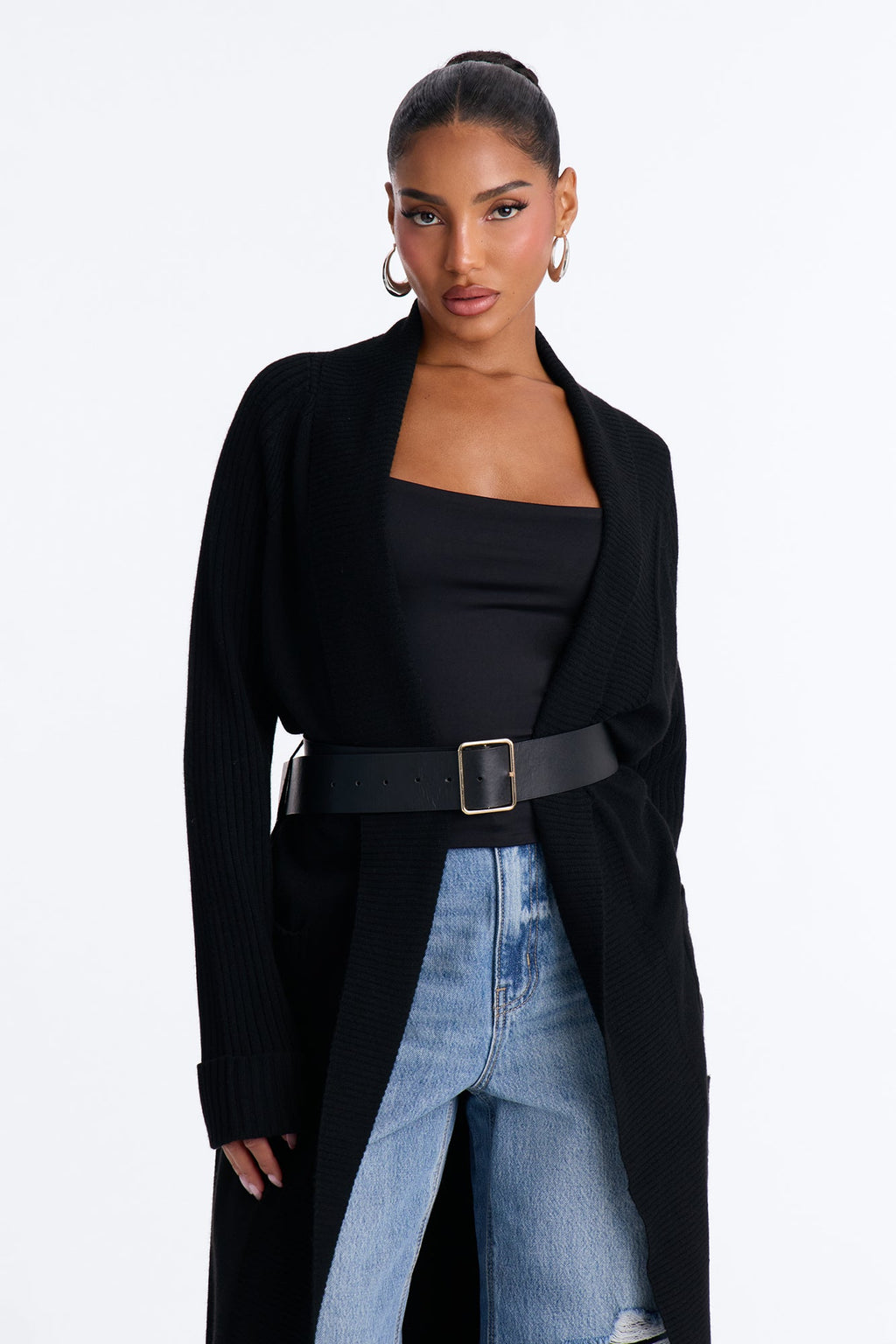 Danielle Ribbed Belted Long Sleeve Cardigan - Black