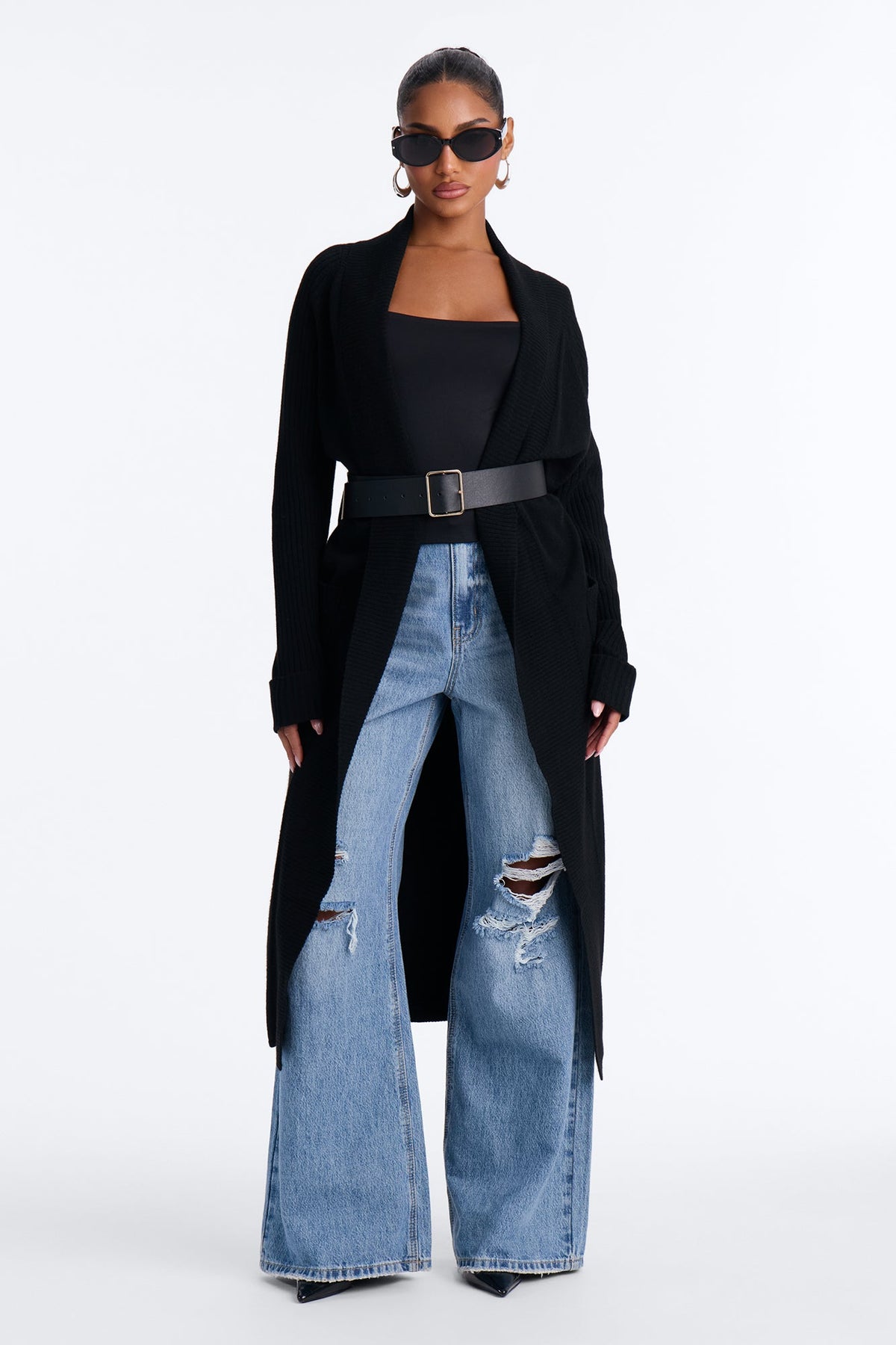 Danielle Ribbed Belted Long Sleeve Cardigan - Black
