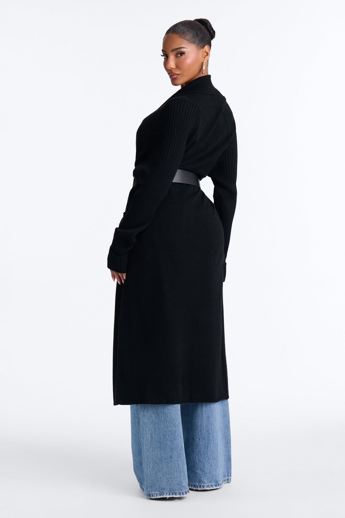Danielle Ribbed Belted Long Sleeve Cardigan - Black