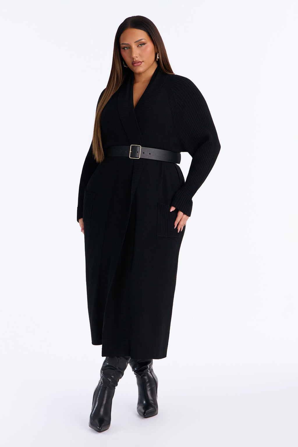 Danielle Ribbed Belted Long Sleeve Cardigan - Black