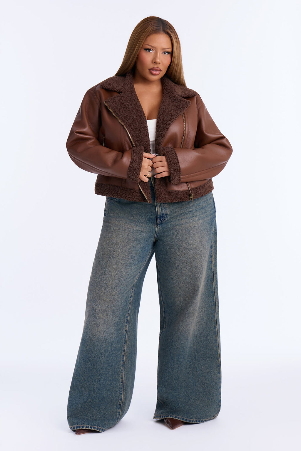 Charisma Faux Leather Shearling Jacket - Brown