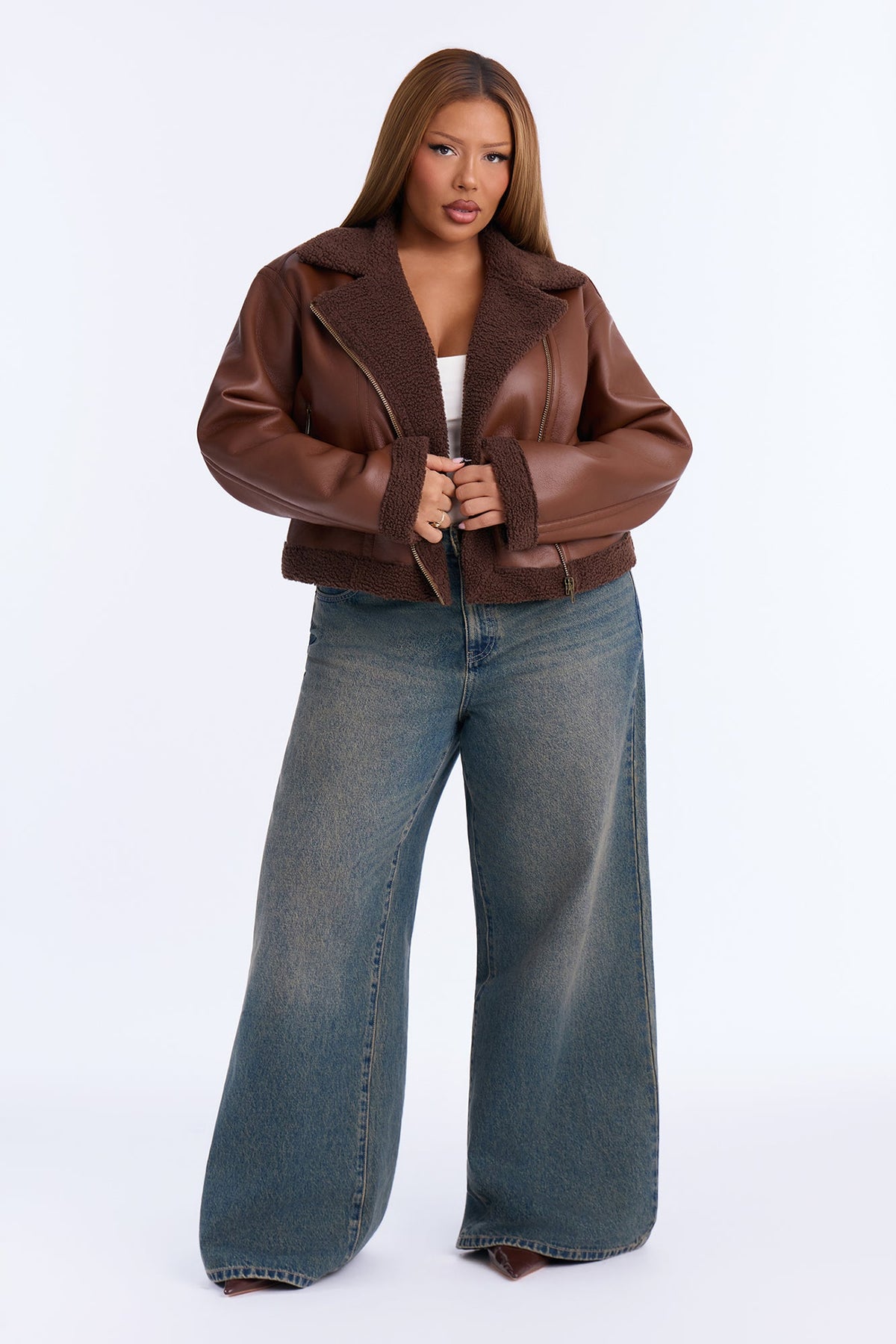 Charisma Faux Leather Shearling Jacket - Brown