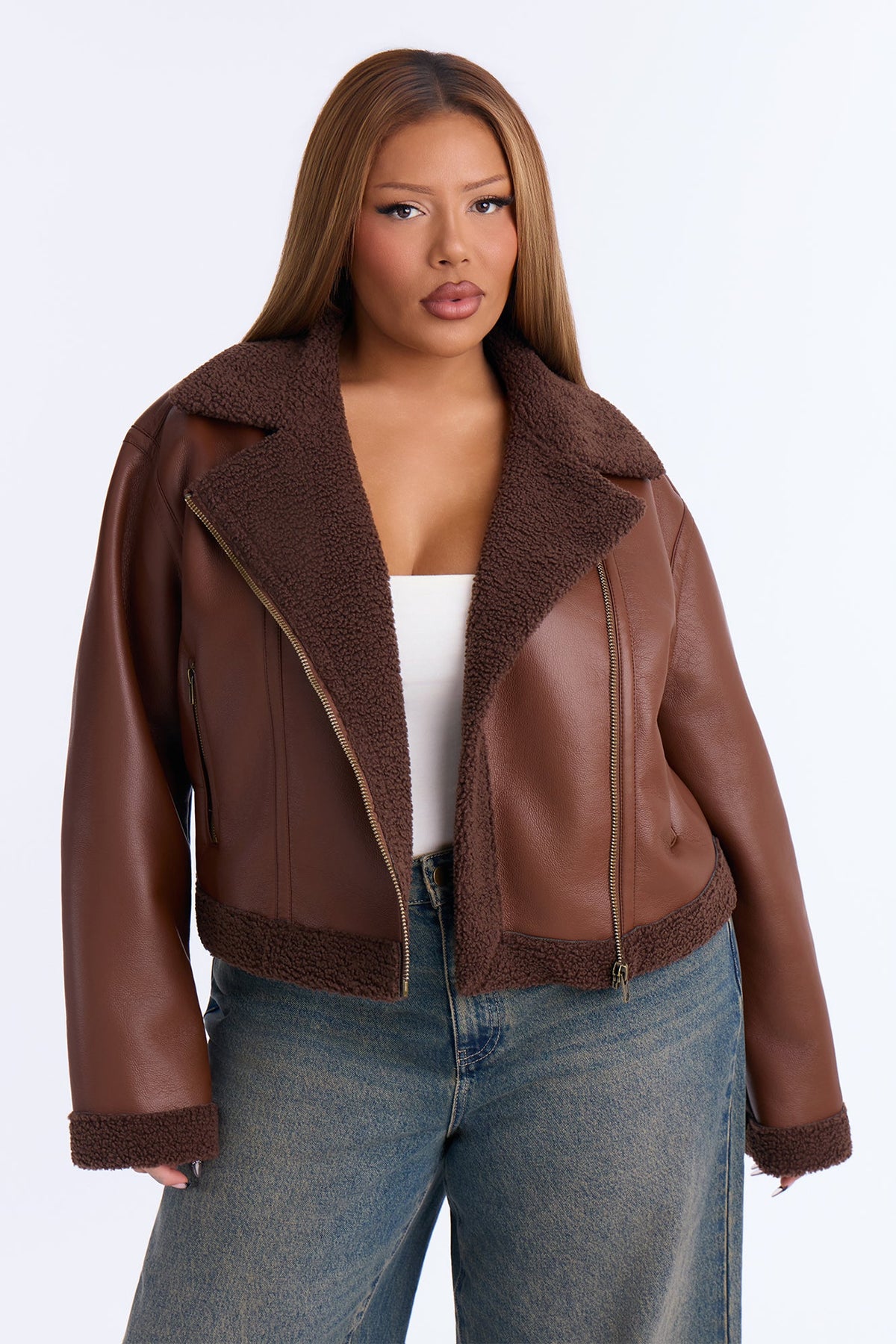 Charisma Faux Leather Shearling Jacket - Brown