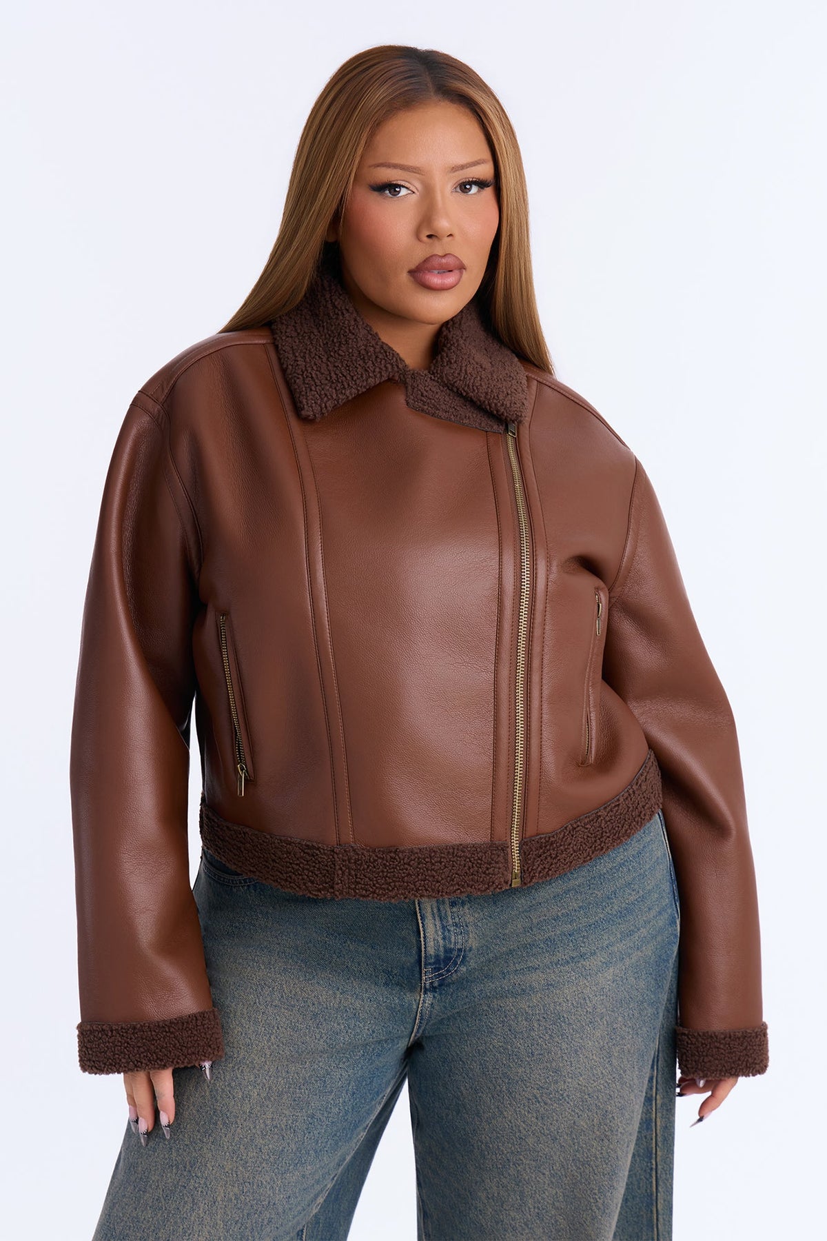 Charisma Faux Leather Shearling Jacket - Brown