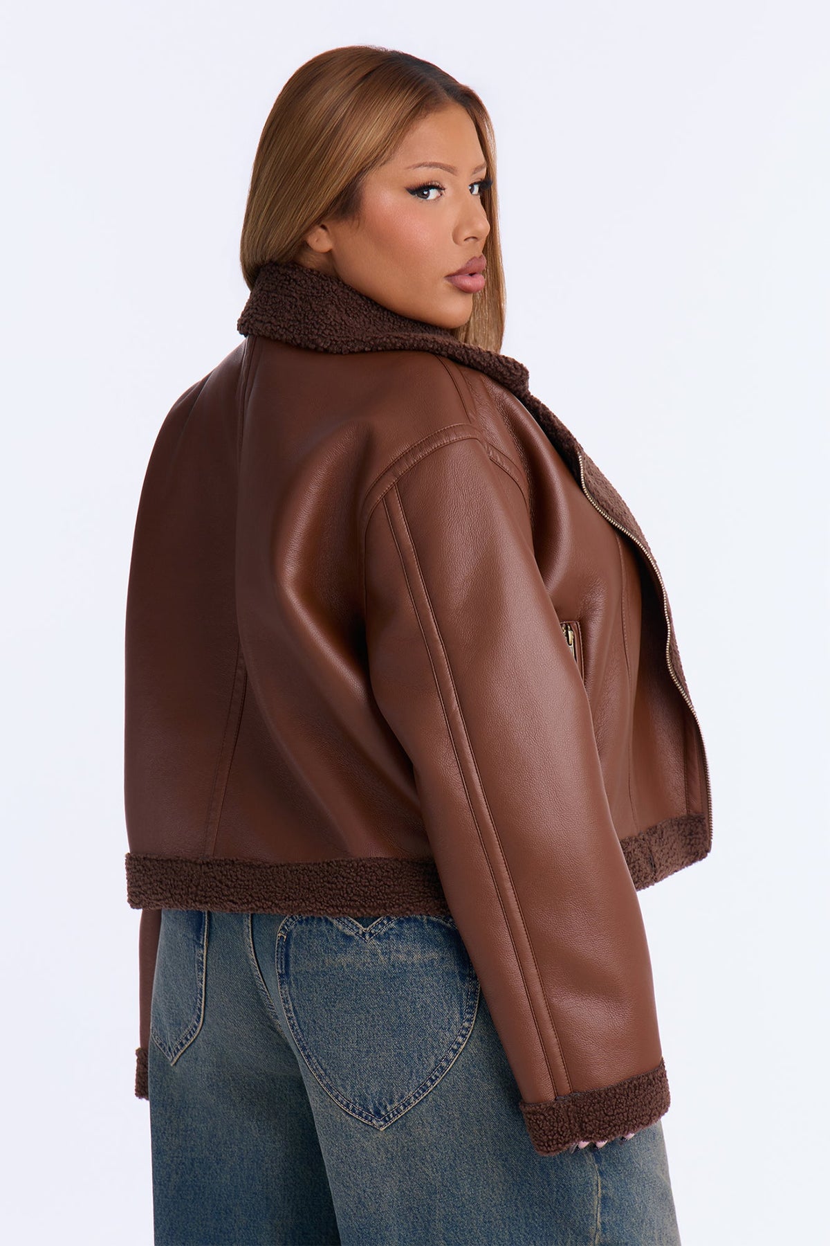 Charisma Faux Leather Shearling Jacket - Brown