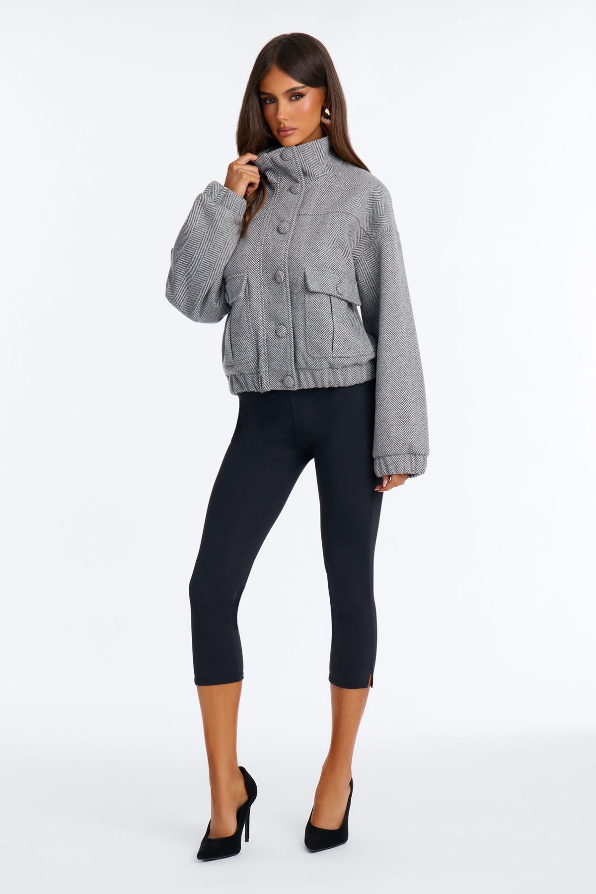 Fia Funnel Neck Textured Effortless Bomber - Grey