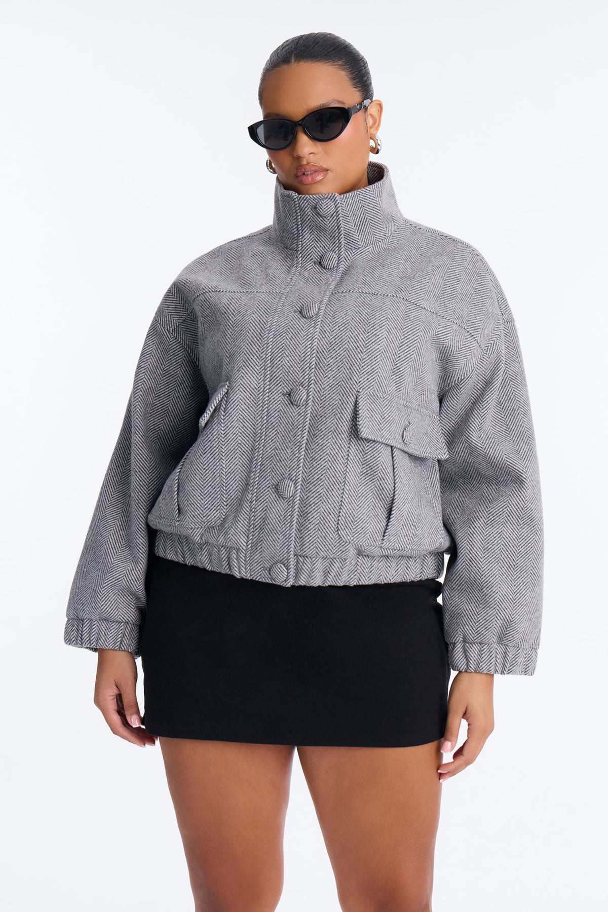 Fia Funnel Neck Textured Effortless Bomber - Grey
