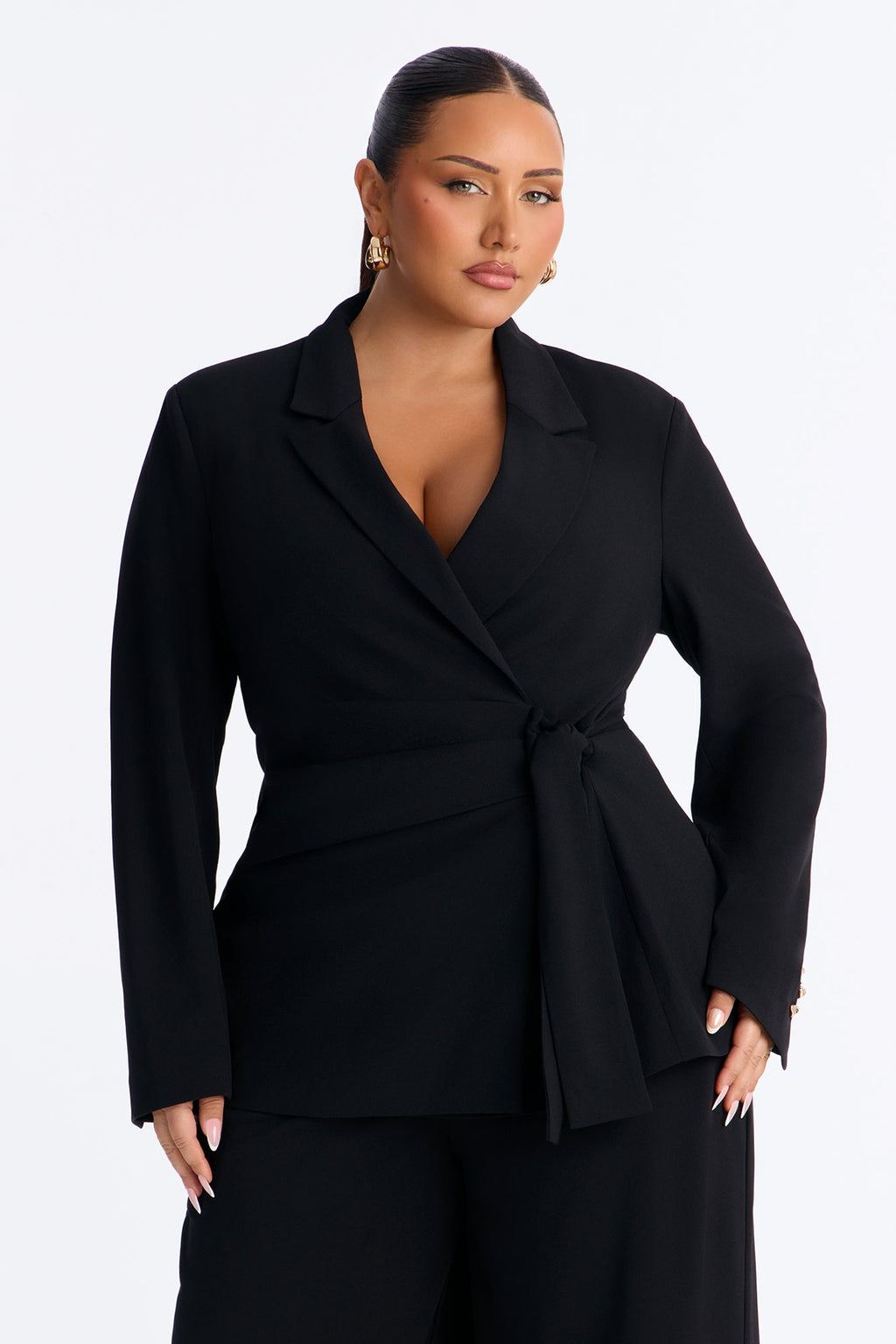 Lookin Sharp Knotted Blazer Pant Set - Black